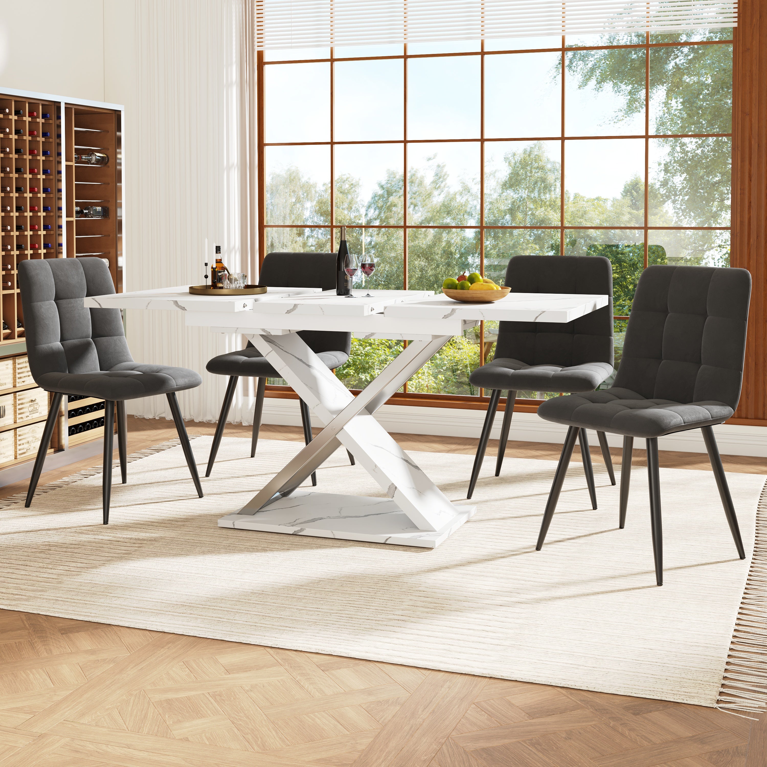 Table à manger extensible 4 à 6 couverts - 118/157 x 70 x 75 cm - Plateau en aspect marbre - MDF et métal - Blanc - 3