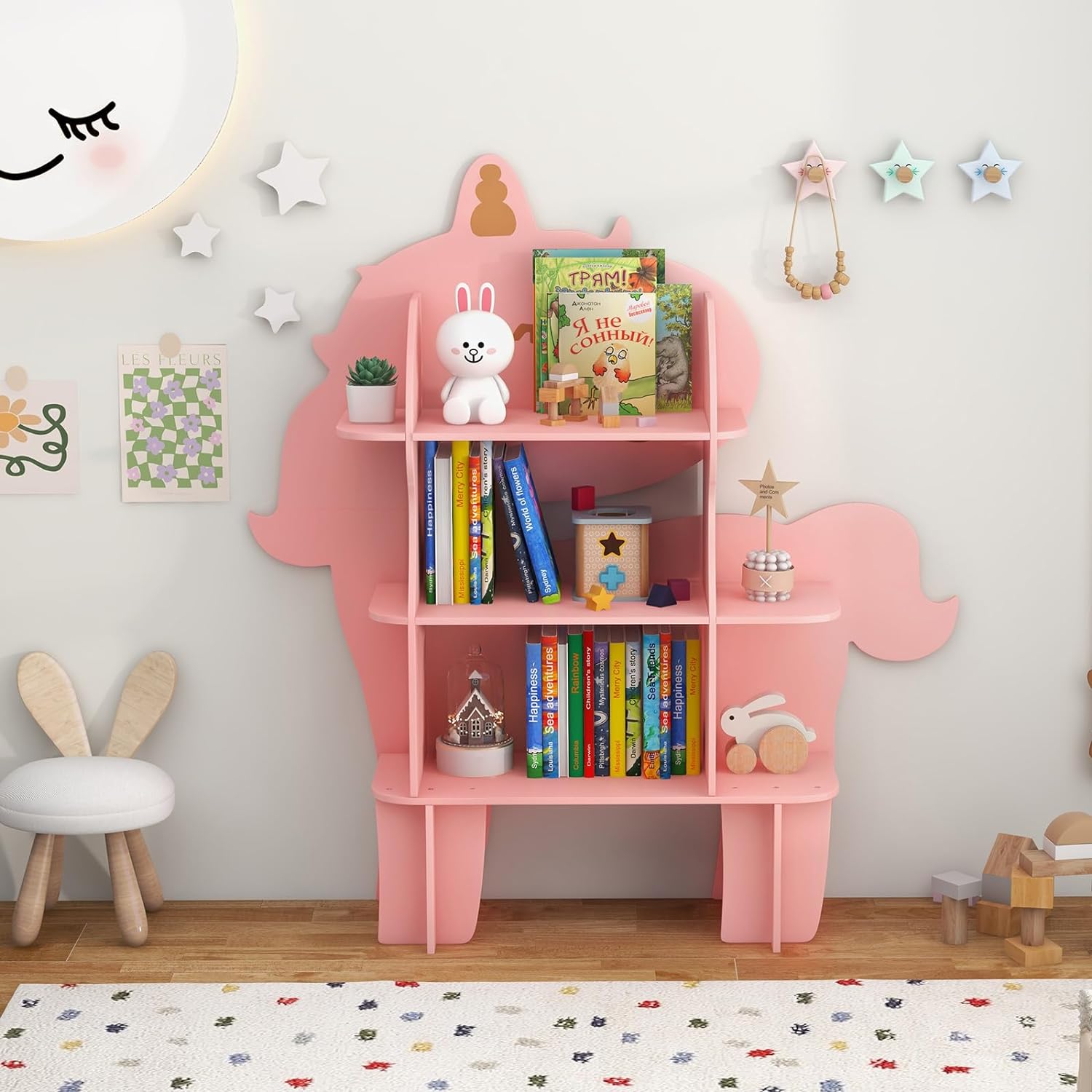Libreria in Legno per Bambini, Organizzatore di Archiviazione Giocattoli con Ripiani, Adorabile Scaffale con Anti-Ribaltamento per Stanza dei - 2