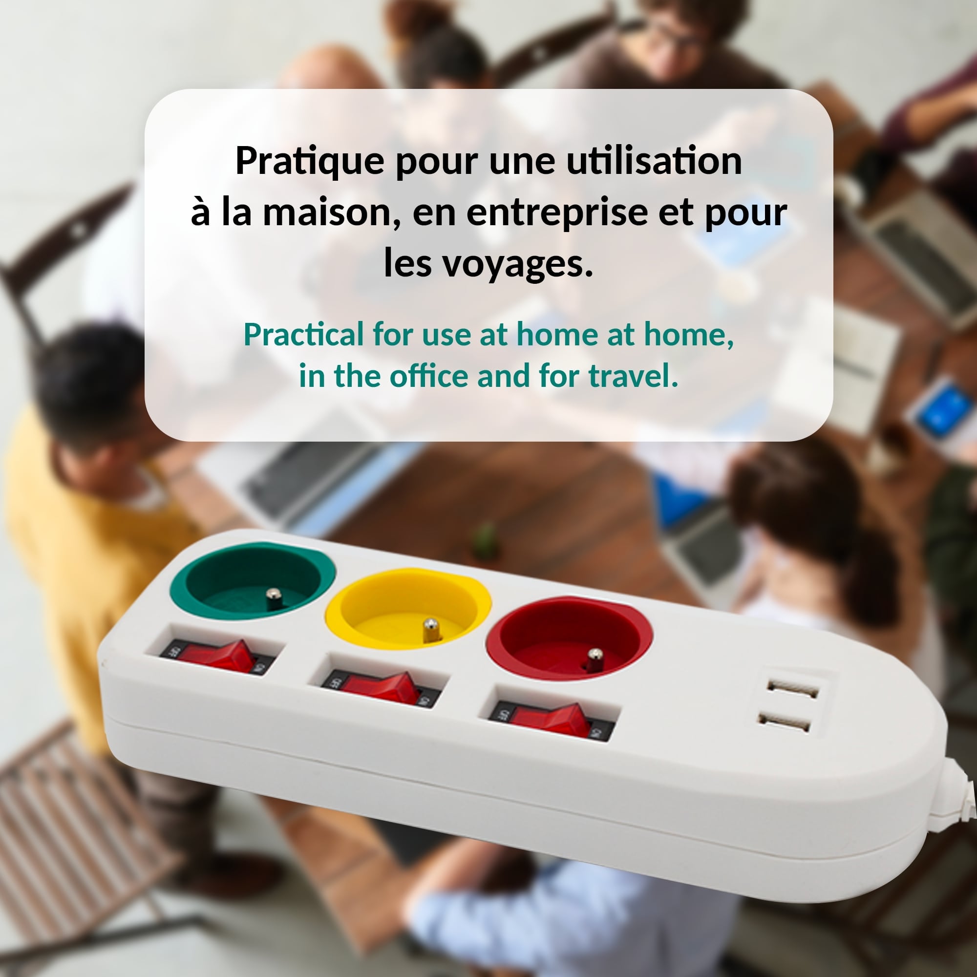 FISHTEC - Multiprise Trio Color - 3 prises avec interrupteurs individuels + 2 ports USB - 1,8 m - 3680W - ABS robuste - Maison ou bureau - 7