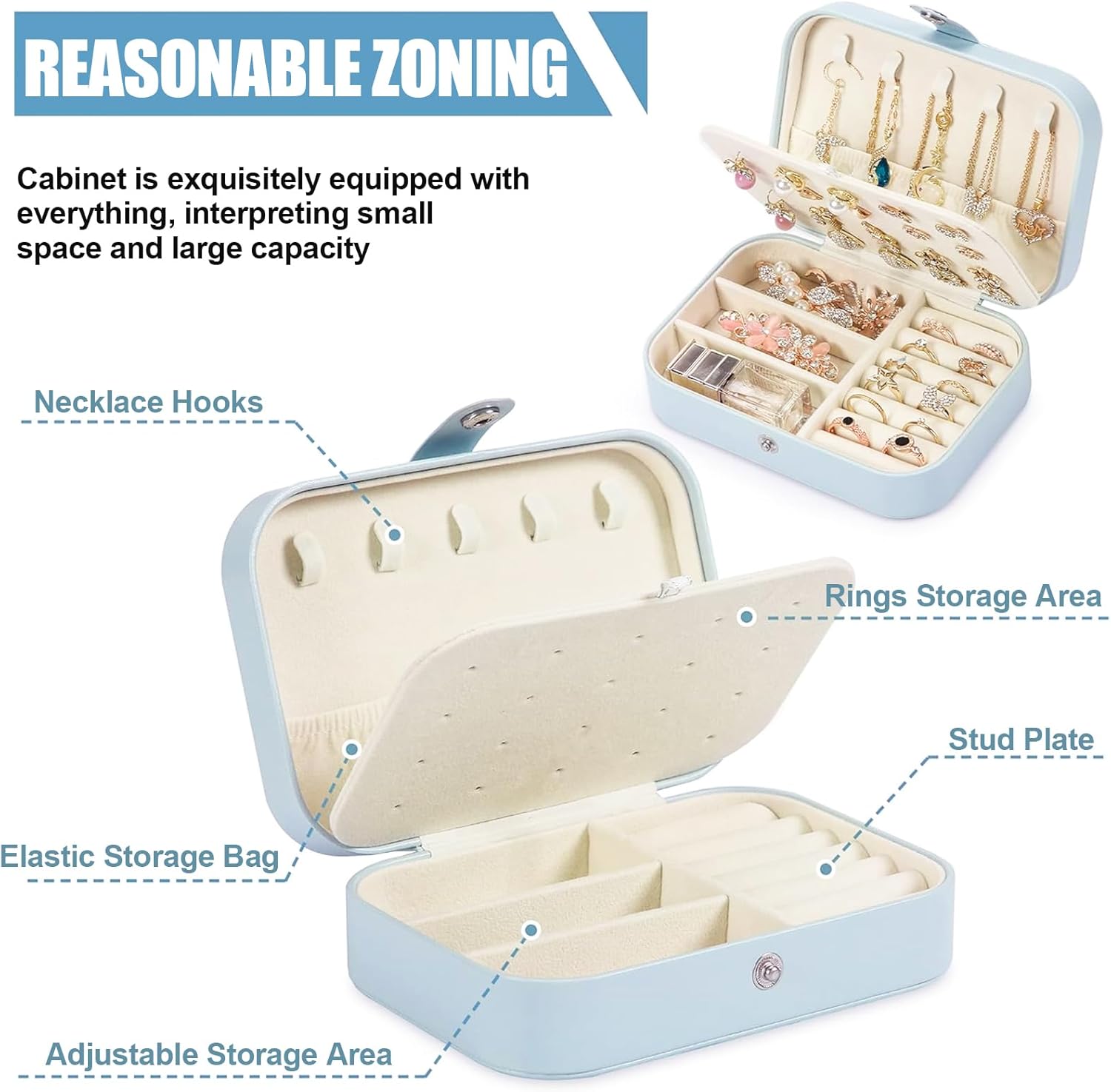 (Bleu) Boite a Bijoux, Rangement Bijoux Portable, Boite a Bijoux Cuir, Coffret à Bijoux 16x11x5cm, Boite a Bijoux Voyage pour Rangez Boucles d'o - 3