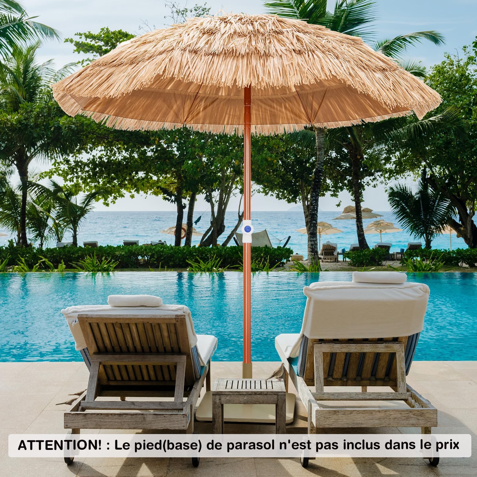 Guarda-sol de Jardin Ø175CM em Paille PE, Guarda-sol de Plage em Chaume Estilo Havaiano Inclinável 40° 8 Baleines Hauteur Réglable, Sac de Transport - 8