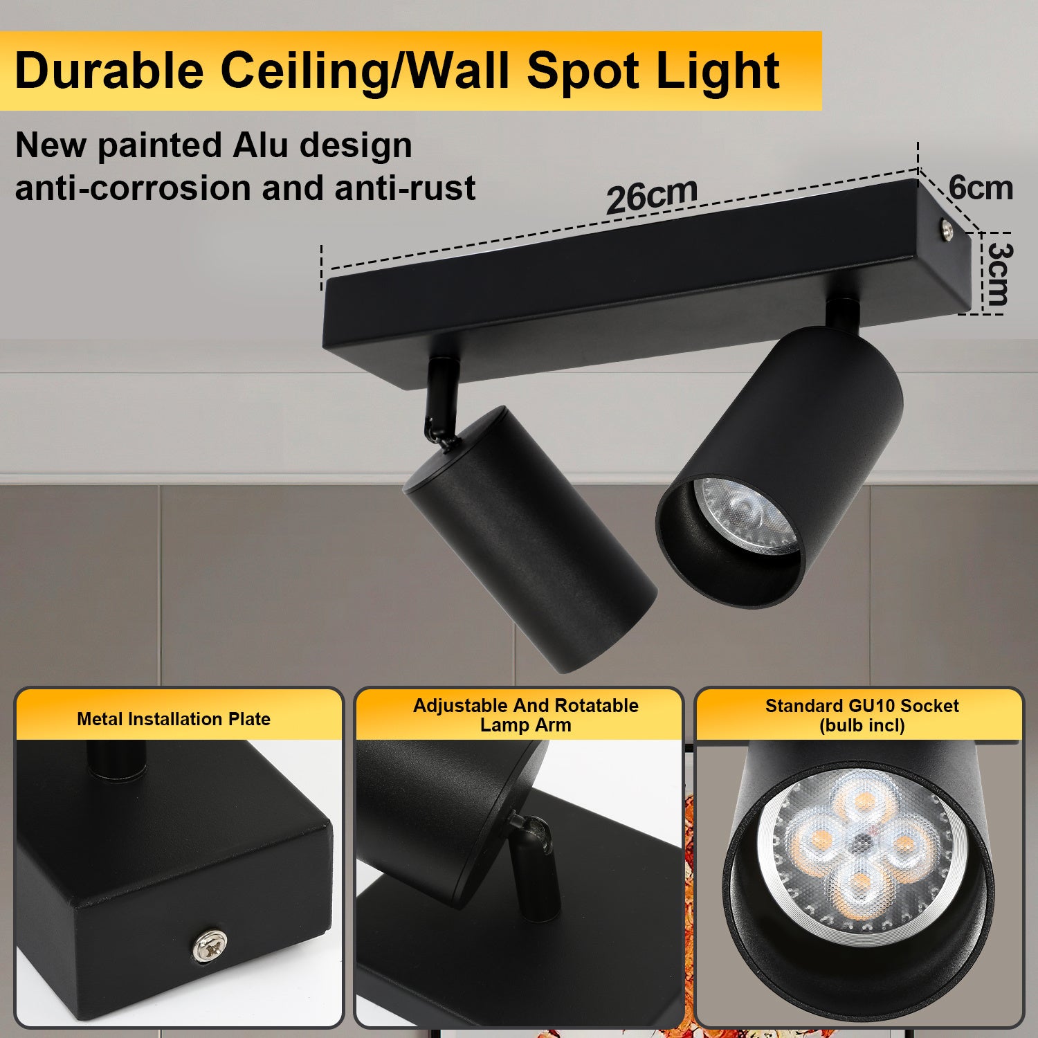 2 Spots de Plafond Orientables - Double Tube Réglable - Éclairage d'Ambiance pour Salon et Chambre - 2