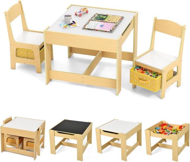 Tavolo per bambini con 2 sedie, tavolo da disegno 3 in 1, reversibile su entrambi i lati con lavagna, 2 contenitori, studiare e giocare (giallo)