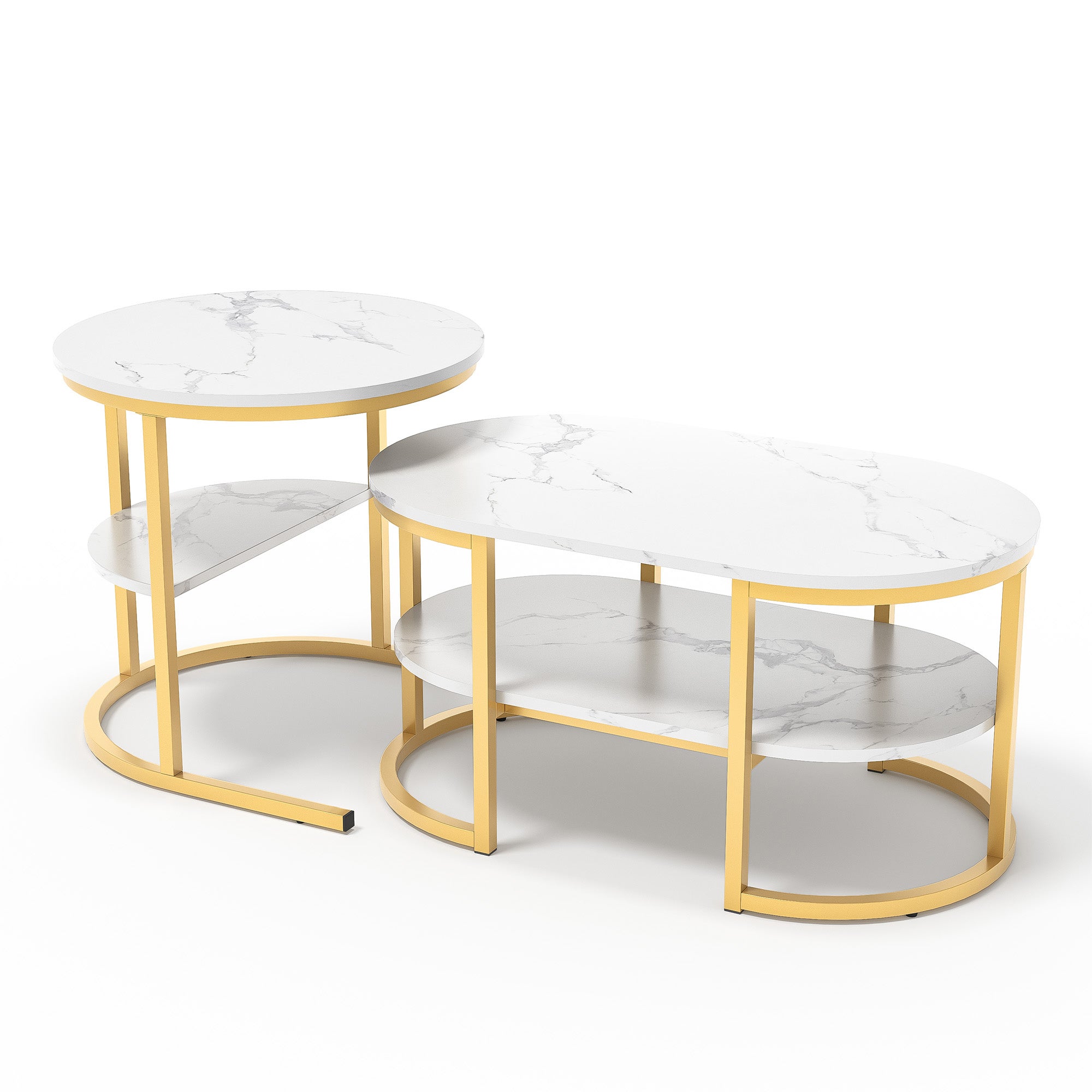 Table Basse Design - Lot de 2 - Blanc - Cadre en Métal Doré - COZY - Plateau en Marbre - Repose-Pieds Réglable - 9