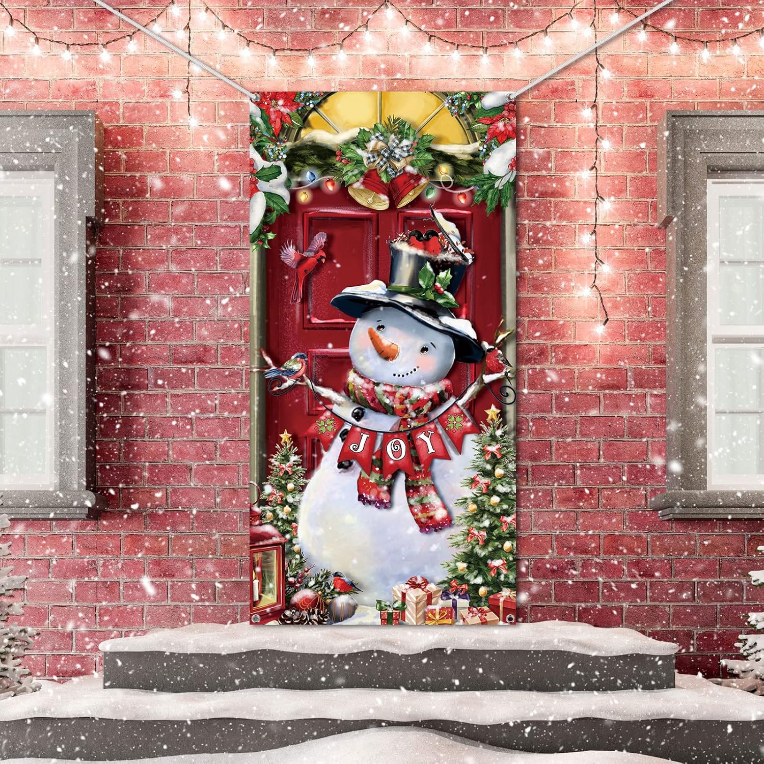 Cubierta para puerta con muñeco de nieve navideño, banderín navideño para la puerta principal, fondo navideño, decoración navideña para puerta - 6