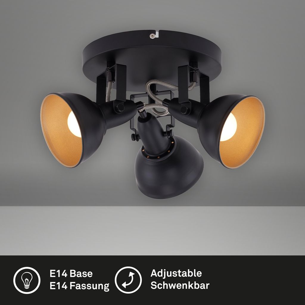 Plafonnier rétro Spot BRILONER LEUCHTEN SOFT, 40 W, IP20, noir-doré, métal, excl. 3x E14, Ø 21 cm - 3