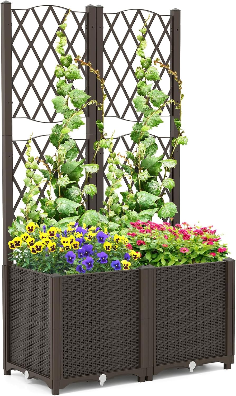GOPLUS Jardinière avec Treillis 180cm en Bois, 4 Trou de Drainage pour