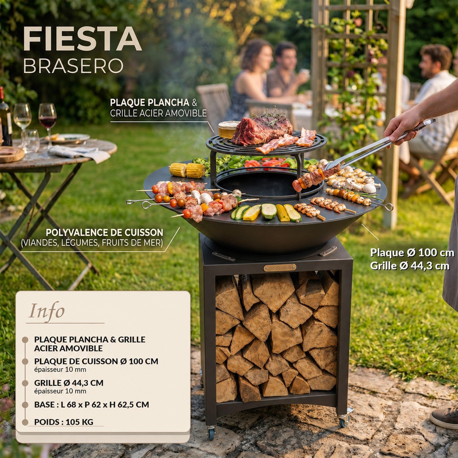 FIESTA Brasero haut avec plaque et grille amovible en acier barbecue plancha extérieur Ø 100 cm - 2