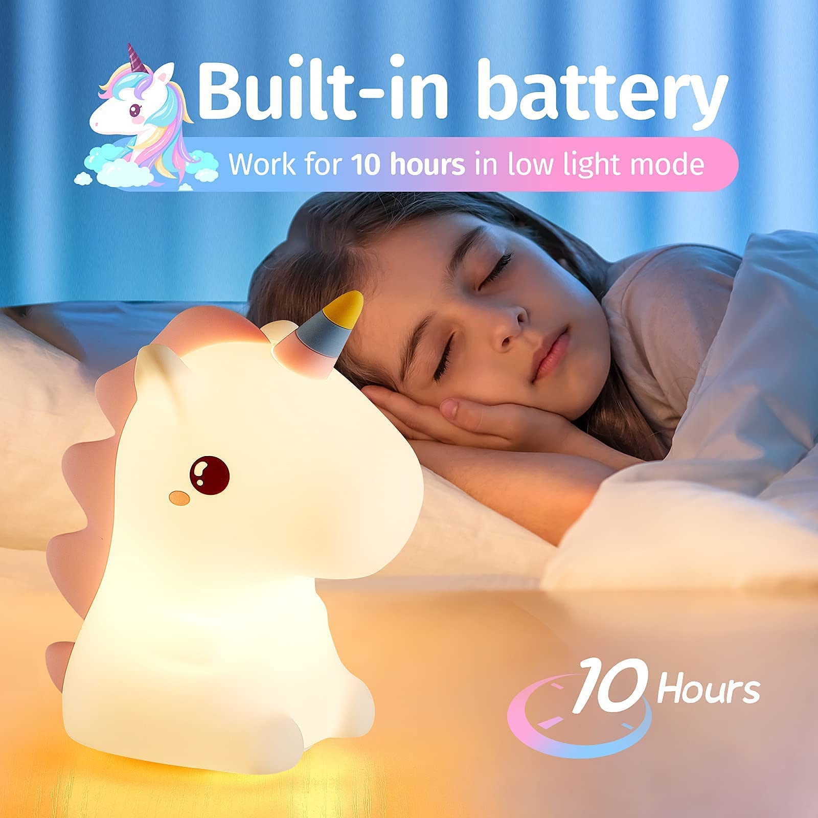 Veilleuse licorne pour enfants, 7 couleurs, veilleuse mignonne pour enfants, veilleuse rechargeable en Silicone pour chambre à coucher - 3