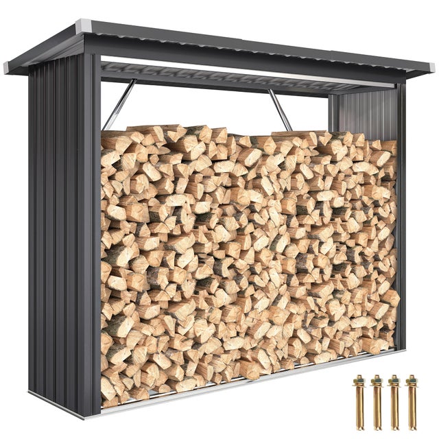 Abri à bûches en acier galvanisé avec base surélevée et toit en pente 213 x 66,5 x 150 cm Gris foncé