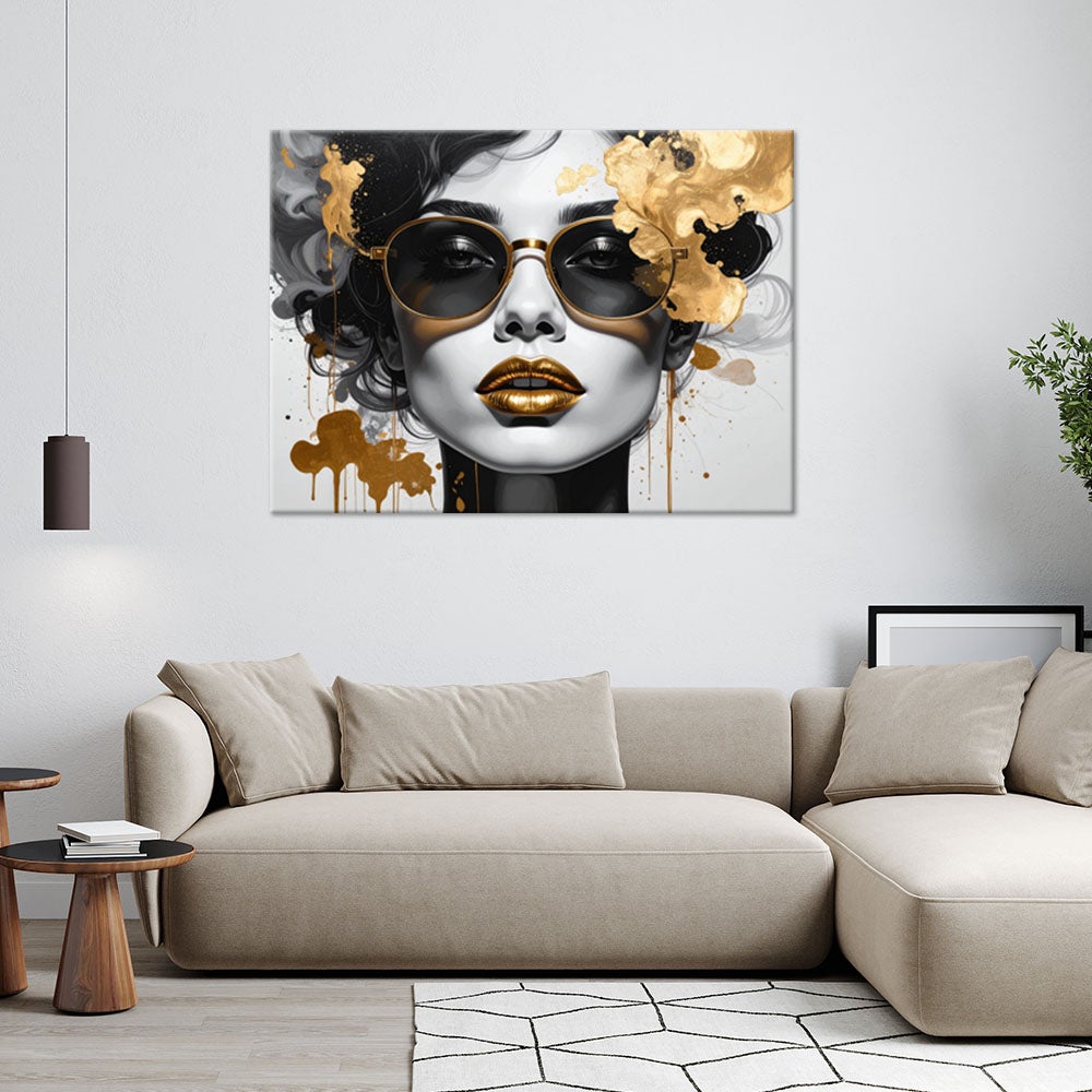Obraz na płótnie do salonu sypialni, Kobieta Glamour Złoto Nowoczesny Portret Czarno-Biały 100x70 - 2