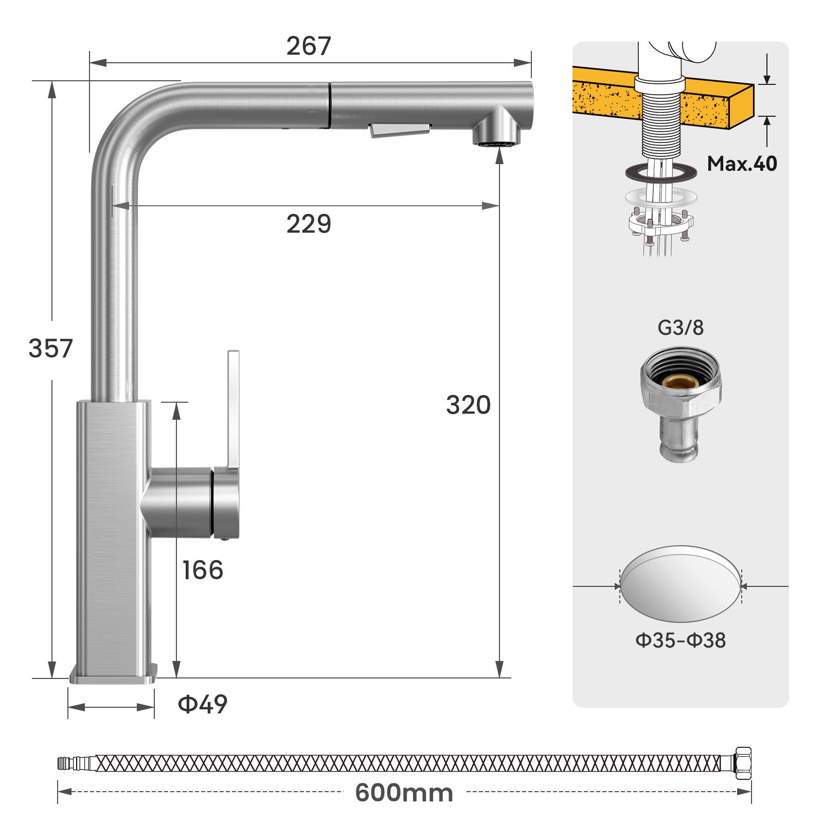 Brossé Robinet de Evier Avec 2 modes d'eau - Robinet de Cuisine avec Douchette Extractible - Mitigeur de Cuisine en Inox - 8