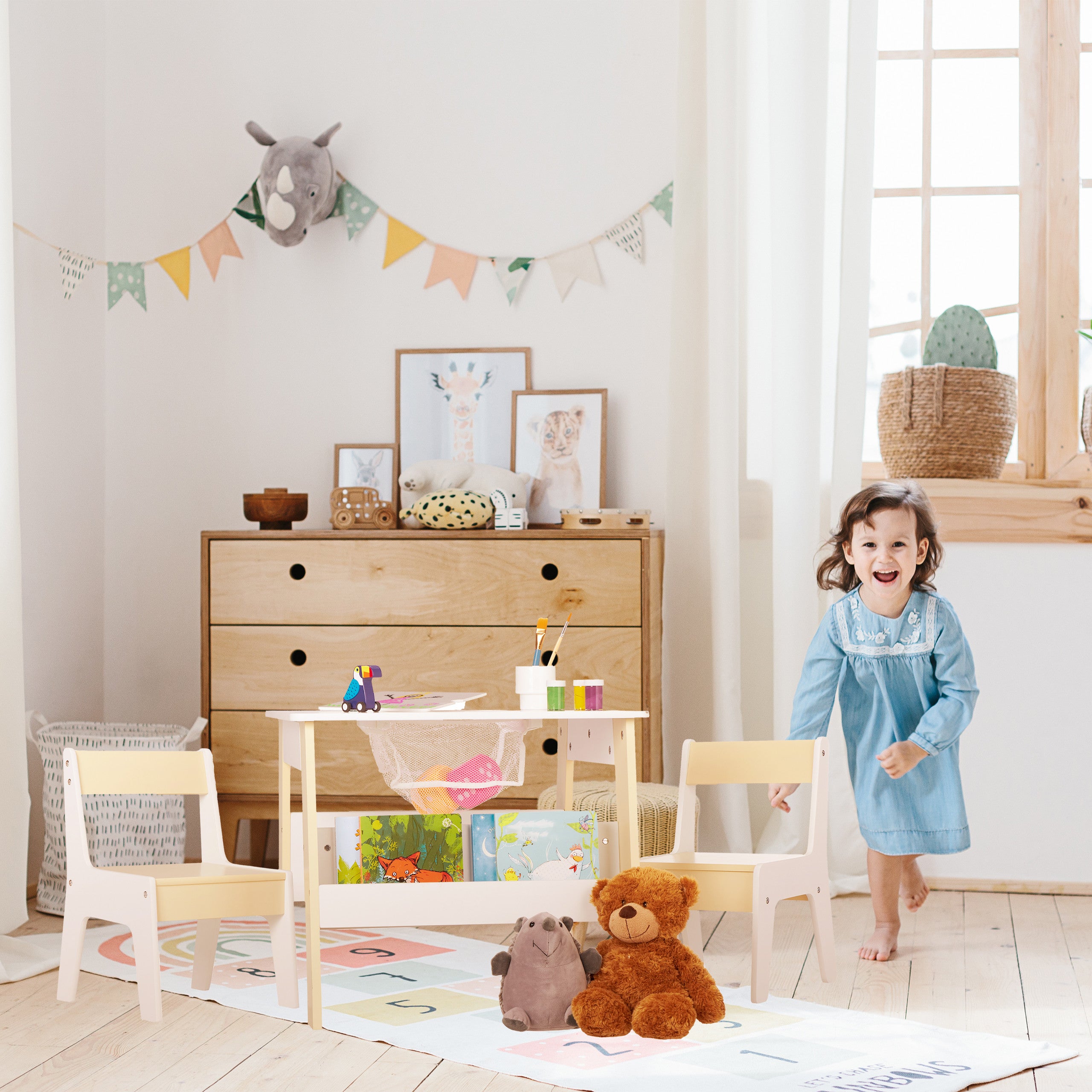 Ensemble mobilier enfants, table, 2 chaises, rangements, mixte, coin salon chambre d'enfant, blanc-beige, Relaxdays - 3