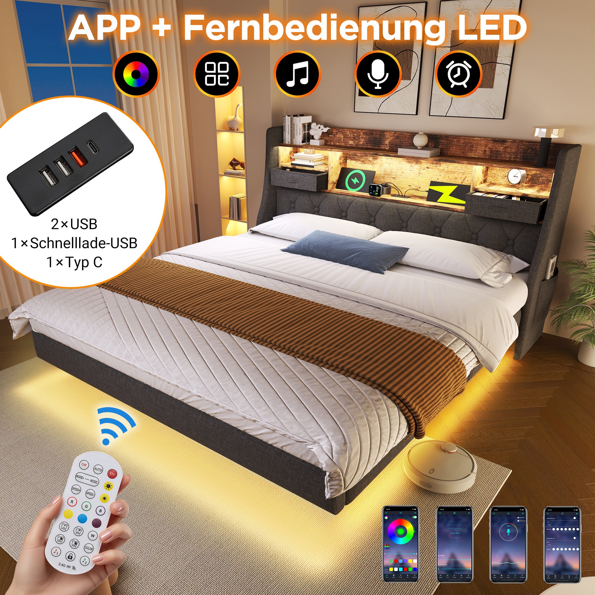 Łóżko tapicerowane 160 x 200 cm z zagłówkiem ze schowkiem - Gniazdo USB i typu C - Tkanina lniana - Diody LED - Szare (bez materaca) - 3