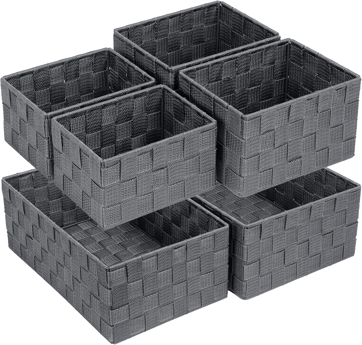 Set de 6 coșuri de depozitare împletite în formă de cub, mari/mici, pentru baie, sertare, dulapuri, gri închis 6buc