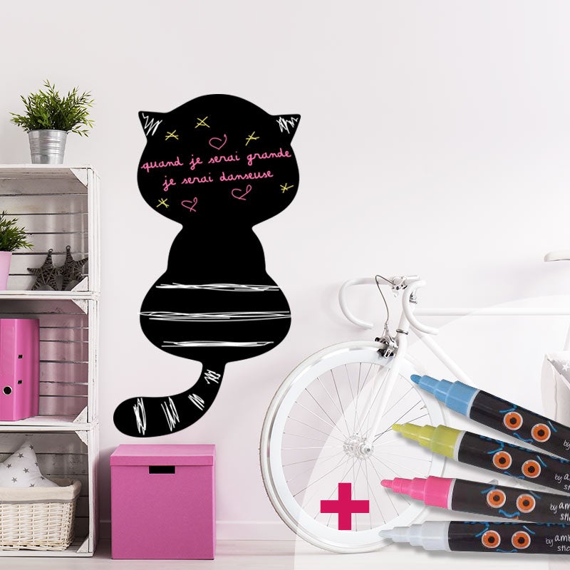 Adesivo lavagna gatto carino + 4 gessi liquidi - Sticker adesivo - adesivi murali - 65x35cm - 3
