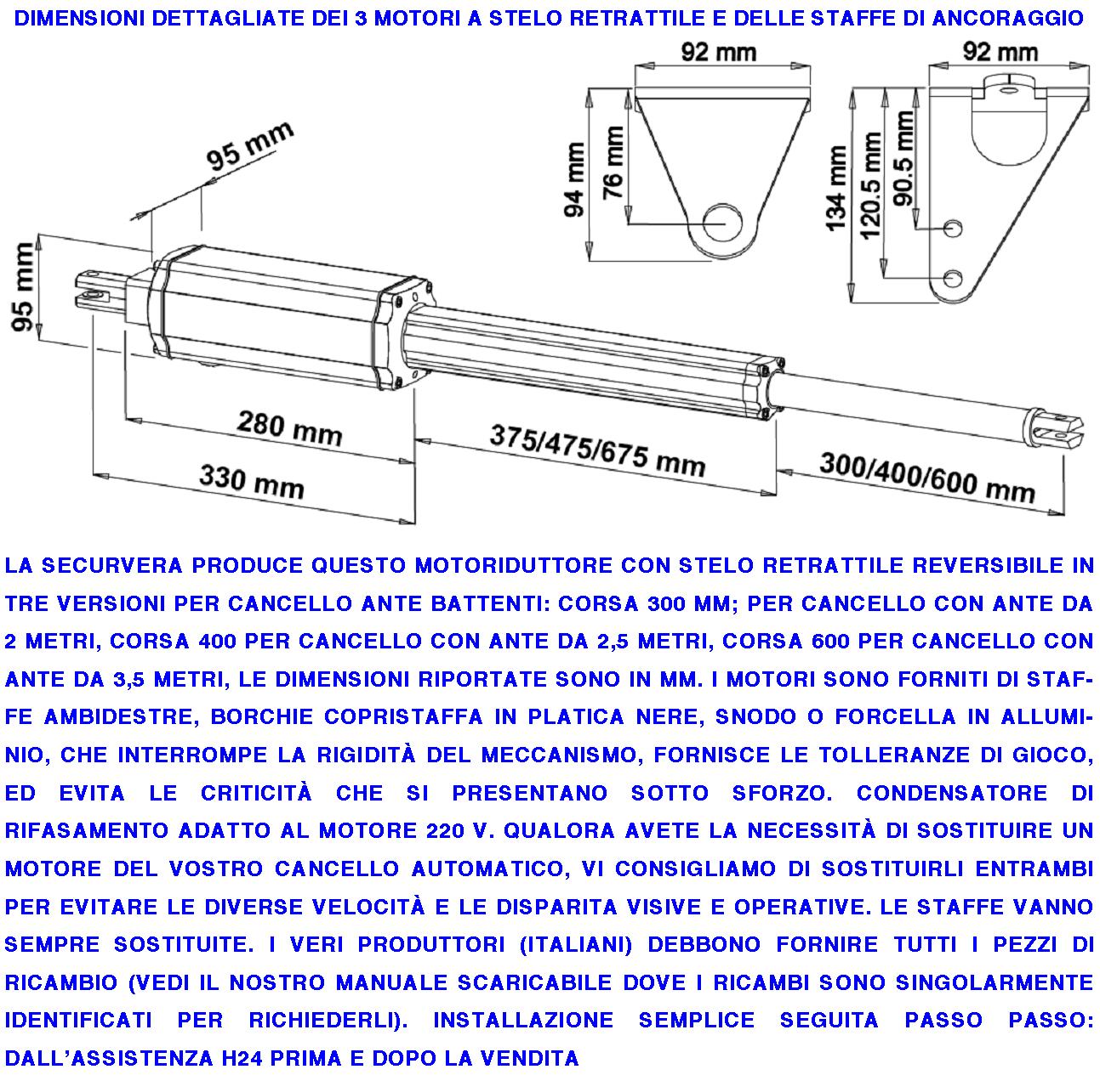 Attuatori Elettromeccanici Stelo Retrattile Reversibile Corsa 300 mm 230 V Per Cancello Battente 2 Ante da 2 Metri Spinta 250 Kg Ricambio Universale A - 2