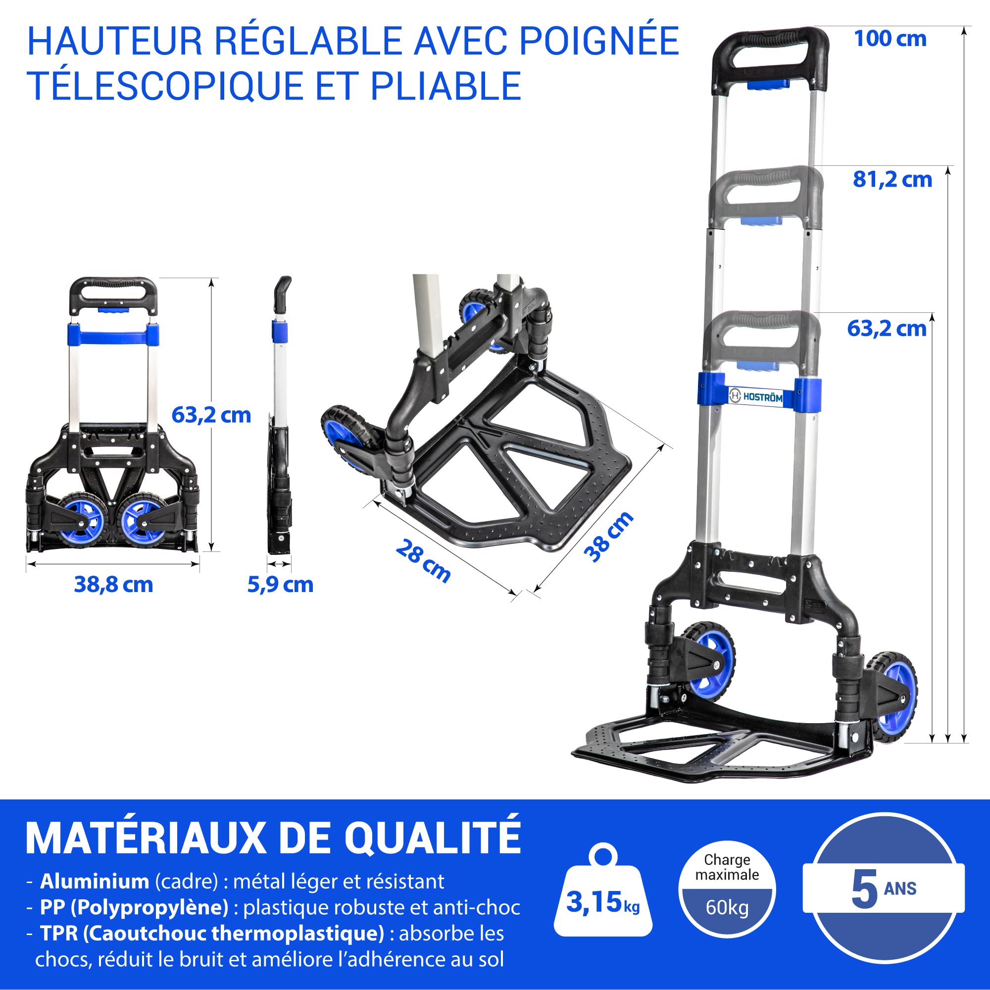 HOSTRÖM Diable pliant en Aluminium, 2 Roues Diable pliable Demenagement et Transport de matériau, compact, léger, Charge Max. 60kg, Garantie 5 ans - 5