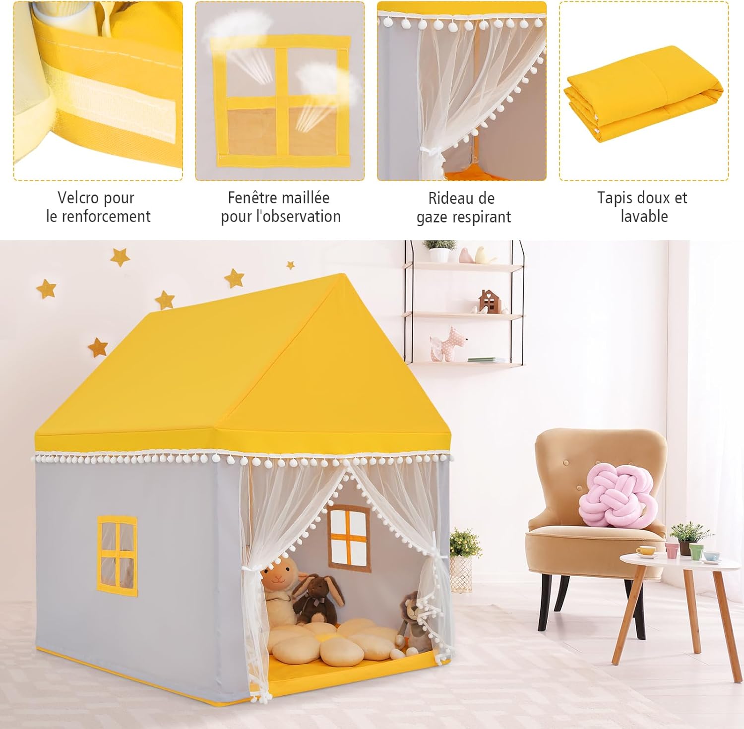 Tenda da Gioco Casetta per Bambini, Castello Giocattolo in Legno Cotone, con Struttura Stabile e Finestre Traspirabili, 105x120x140 cm (Giallo - 9