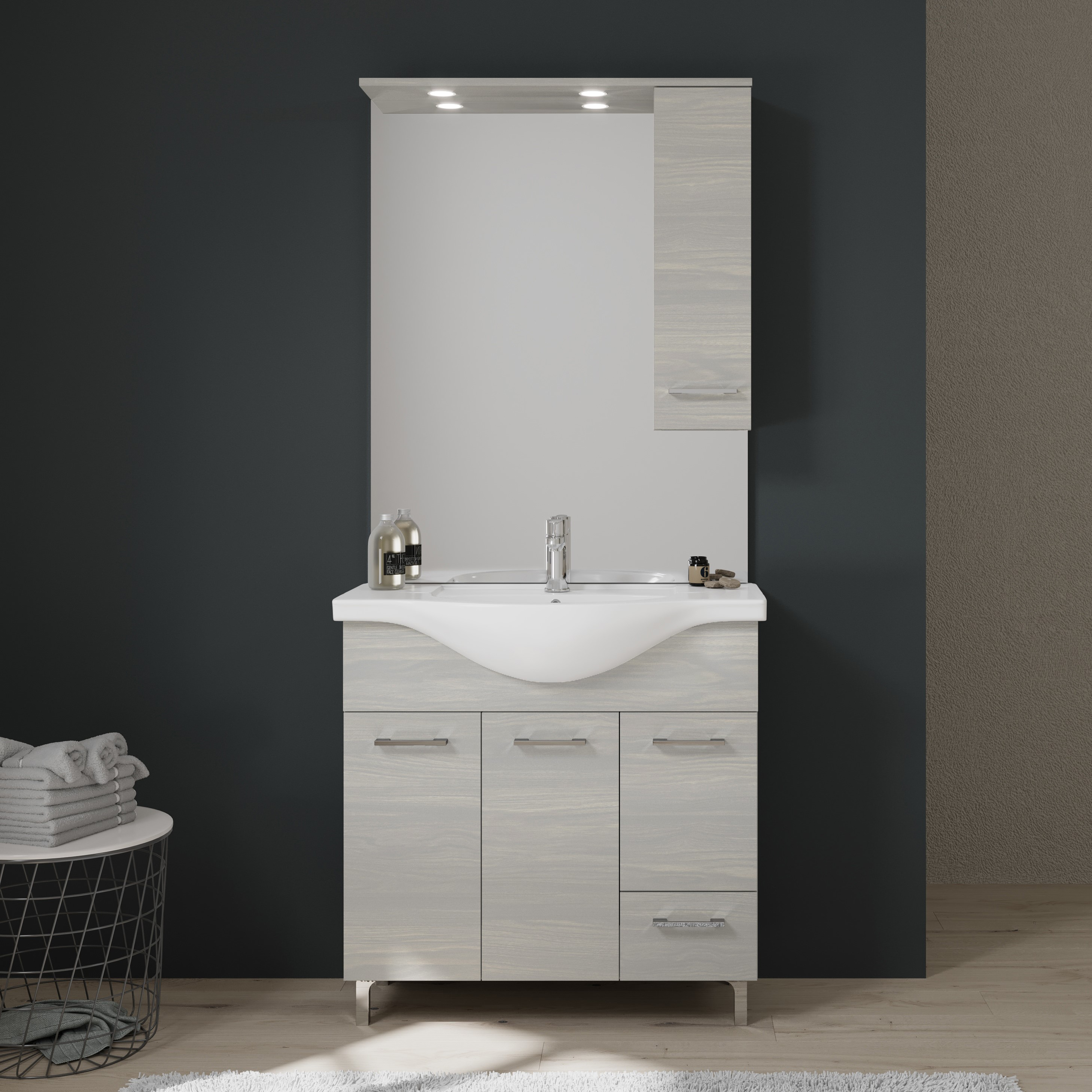 Meuble de salle de bains de 85 cm sur pieds chromés chêne blanc | rimini