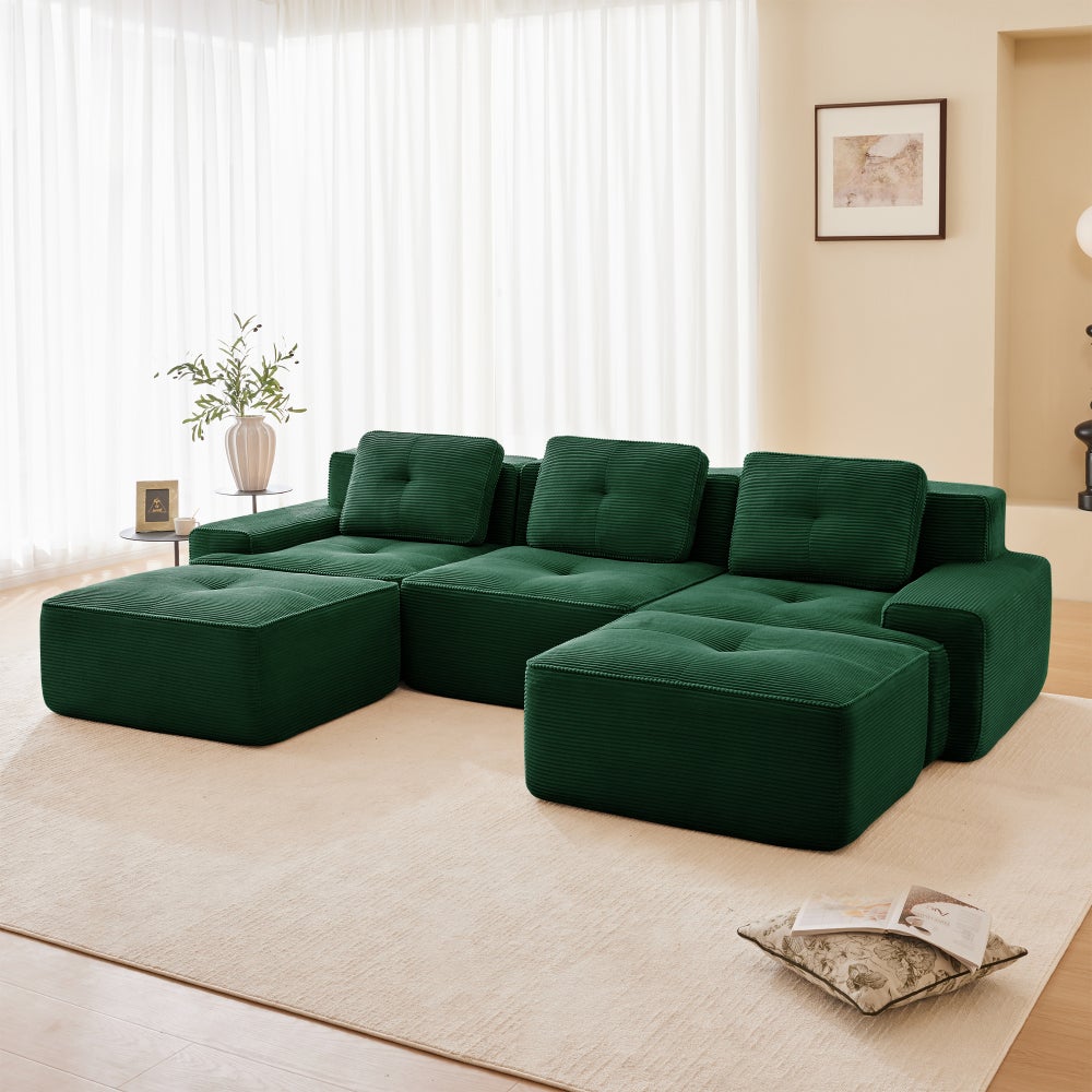 Sofa modułowa w kształcie litery U, sztruks, z pufem, 3-osobowa, zielona