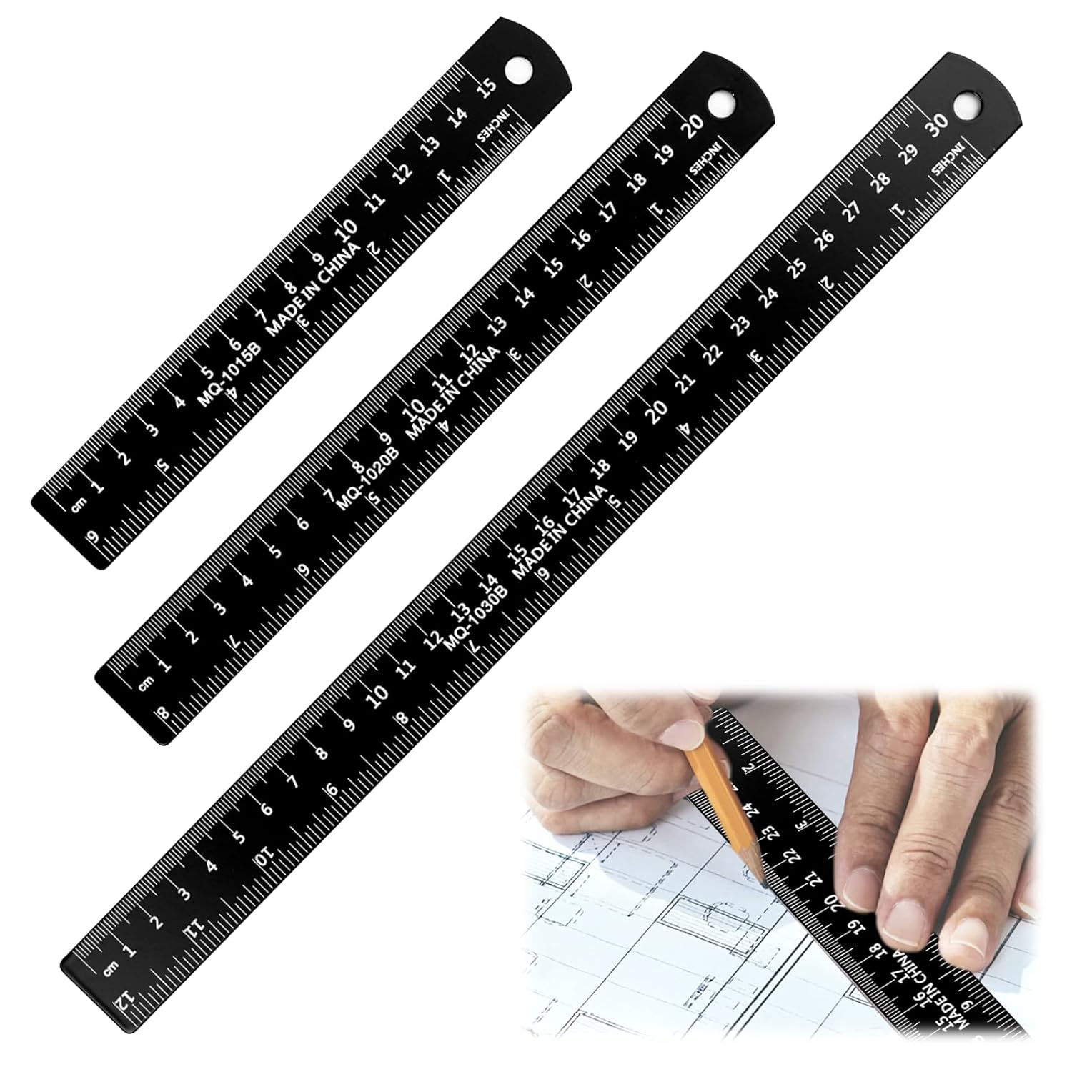 Zestaw 3 aluminiowych linijek metalowych (15 cm, 20 cm, 30 cm) z tabelą przeliczeń cali na milimetry, skalowana linijka pomiarowa