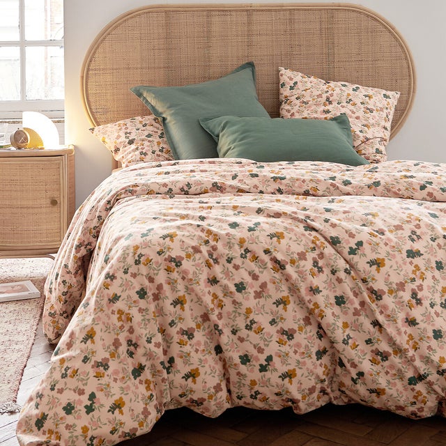 Housse de couette coton lavé, Callas - Imprimé fond rose - 240 x 220 cm