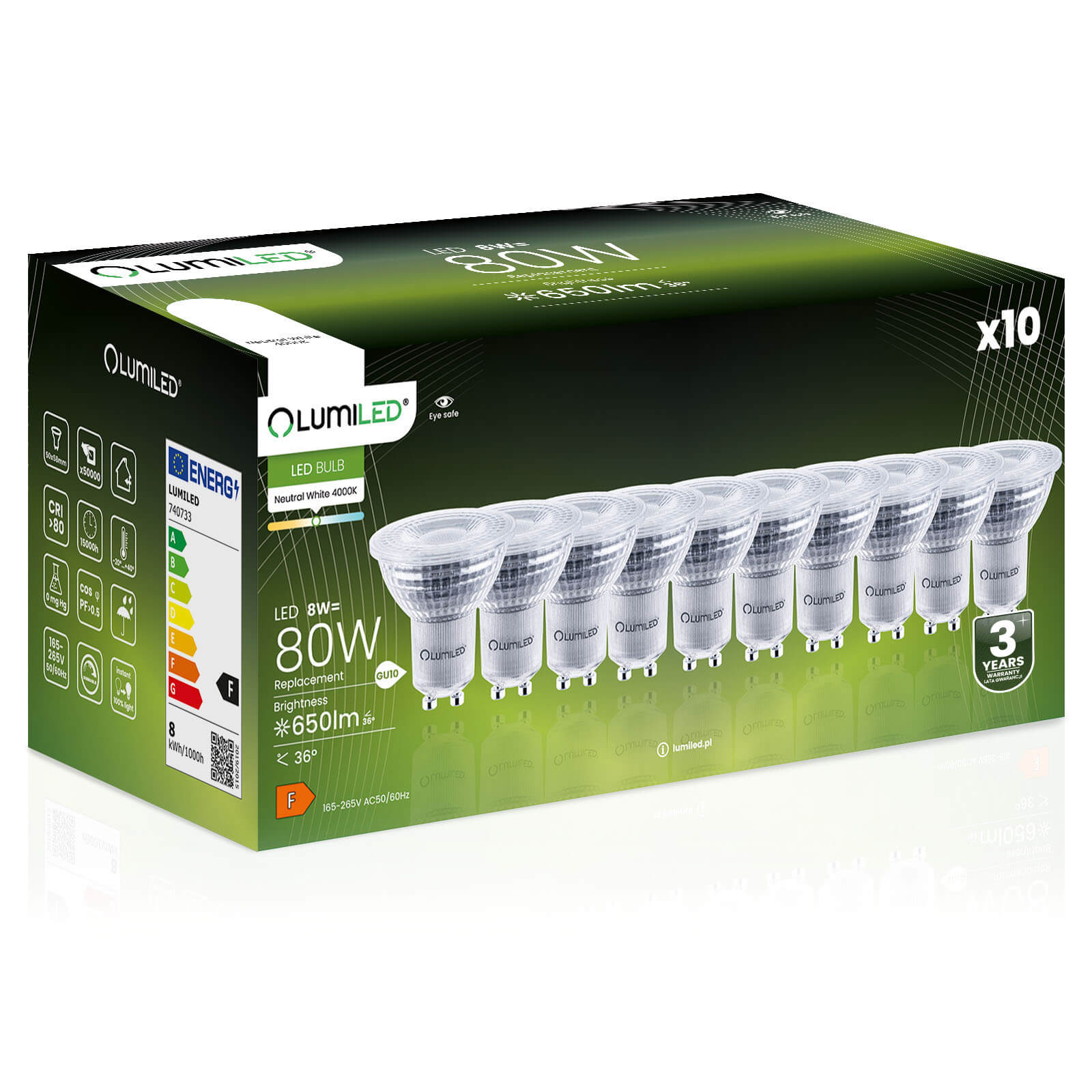 10x Żarówka Lumiled LED GU10 Reflektor PAR16 8W = 80W 650lm 4000K Neutralna 36st Ściemnialna