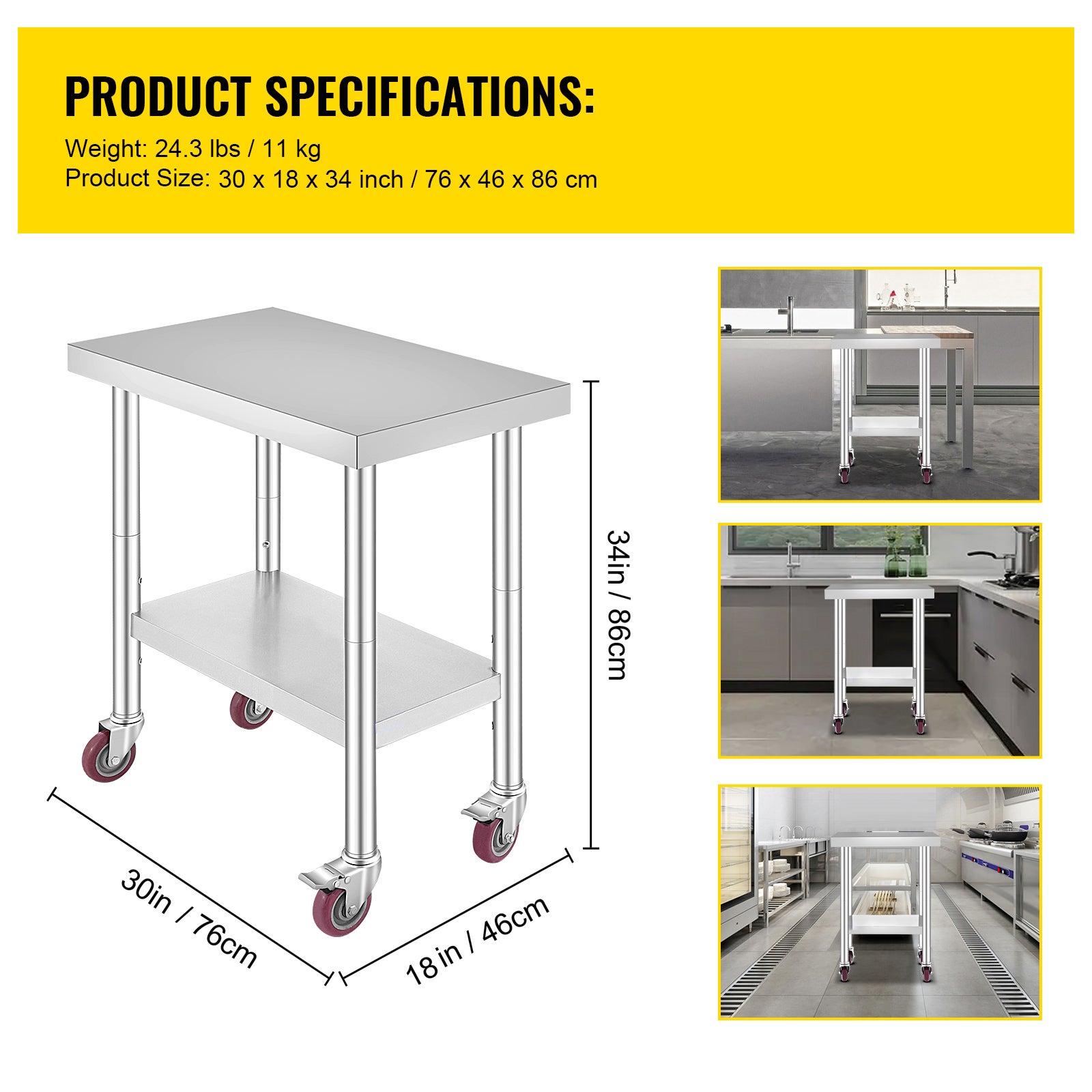 Tavolo lavoro in acciaio inox SucceBuy 30x18x34 pollici,capacità di 700 lb,4 ruote,3 altezze regolabili Tavolo per preparazione cibo per cucina - 9