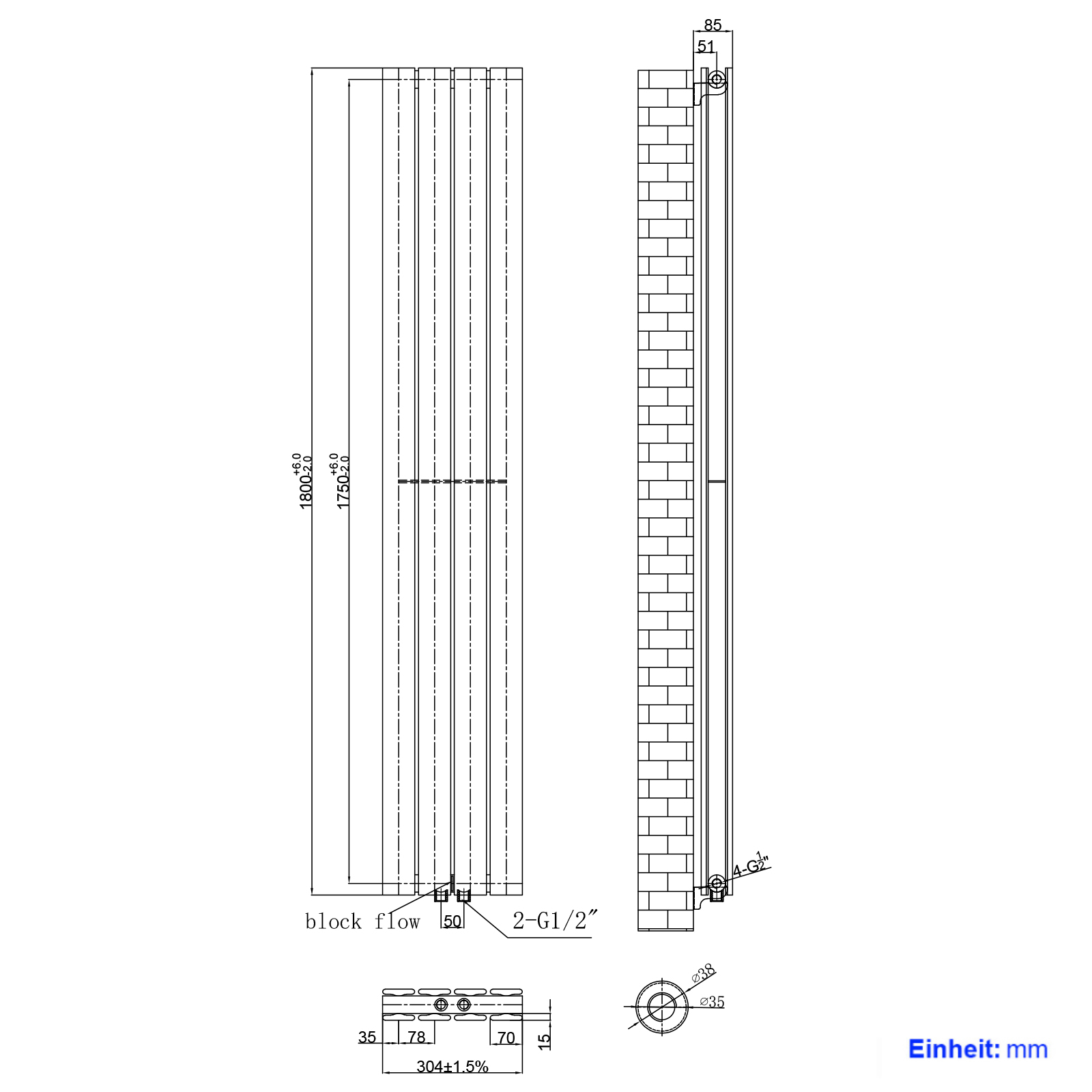 EMKE Radiateur eau chaude en acier 180x30cm 911W Radiateur plat Double couche connexion centrale Montage mural, Blanc - 7