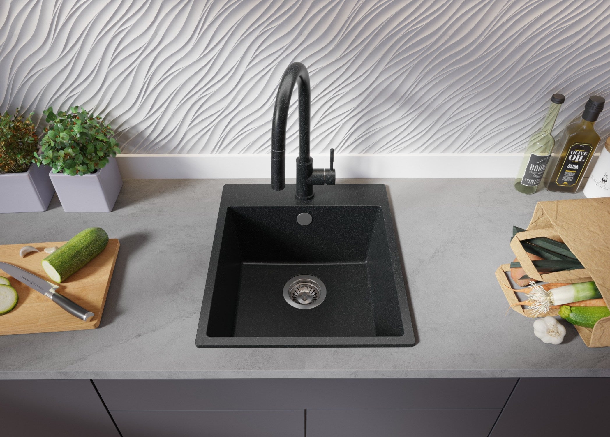 Evier Cuisine en Granit Graphite 43x50cm, Lavabo 1 bac + Kit de Vidage, Évier à Encastrer au meuble 45cm - Riga PRIMAGRAN - 4