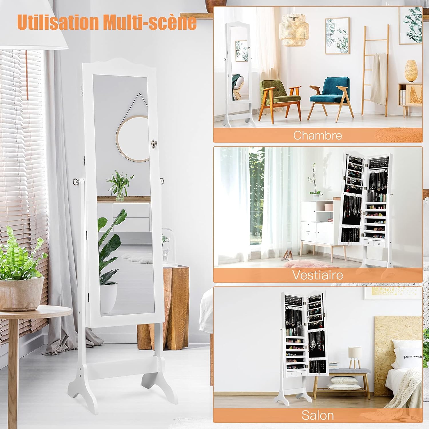 Armoire a Bijoux sur Pied avec Miroir, Meuble a Bijoux de Dessus d’Arc avec 14 Lumieres LED, 6 Etageres de Rangement,(Blanc) - 8