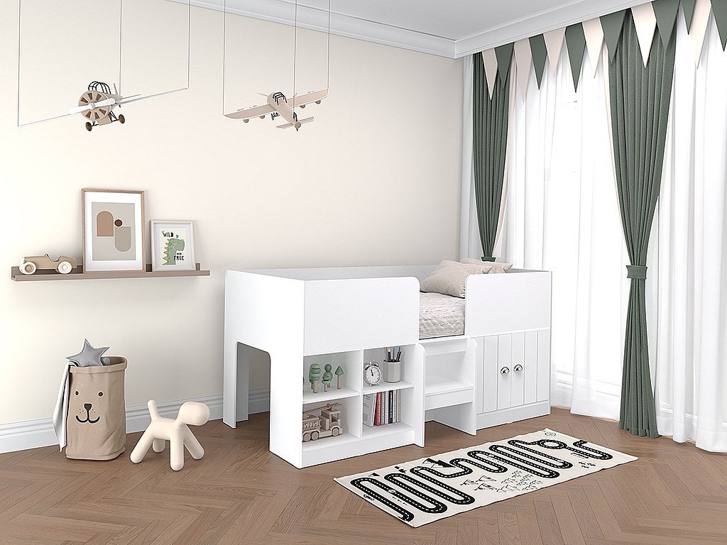 Łóżko podwyższone 90 x 190 cm ze skrzynią i - Biały + Materac - BOUTANIO