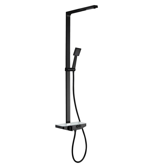 BERNSTEIN - Colonna doccia termostatica moderna in acciaio inox + ripiano in vetro - 120x50cm - NT7385 Nero opaco, quadrato 30cm