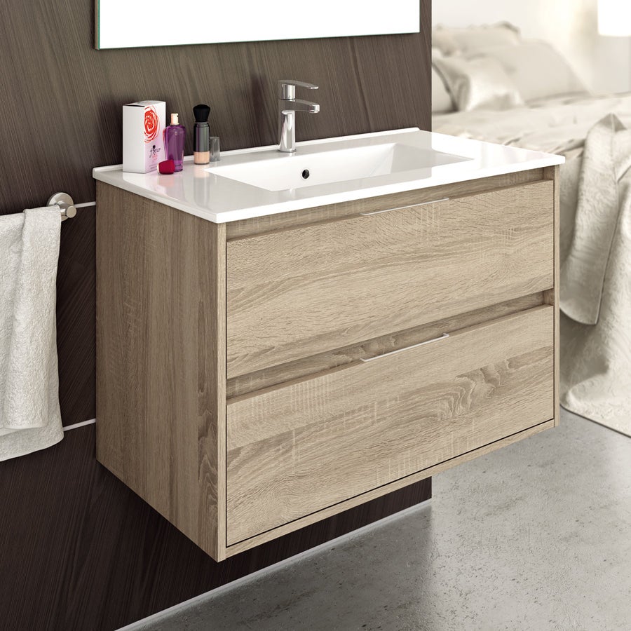 Meuble de salle de bain simple vasque - 2 tiroirs - IRIS et miroir rond Led SOLEN - cambrian (chêne) - 80cm - 2