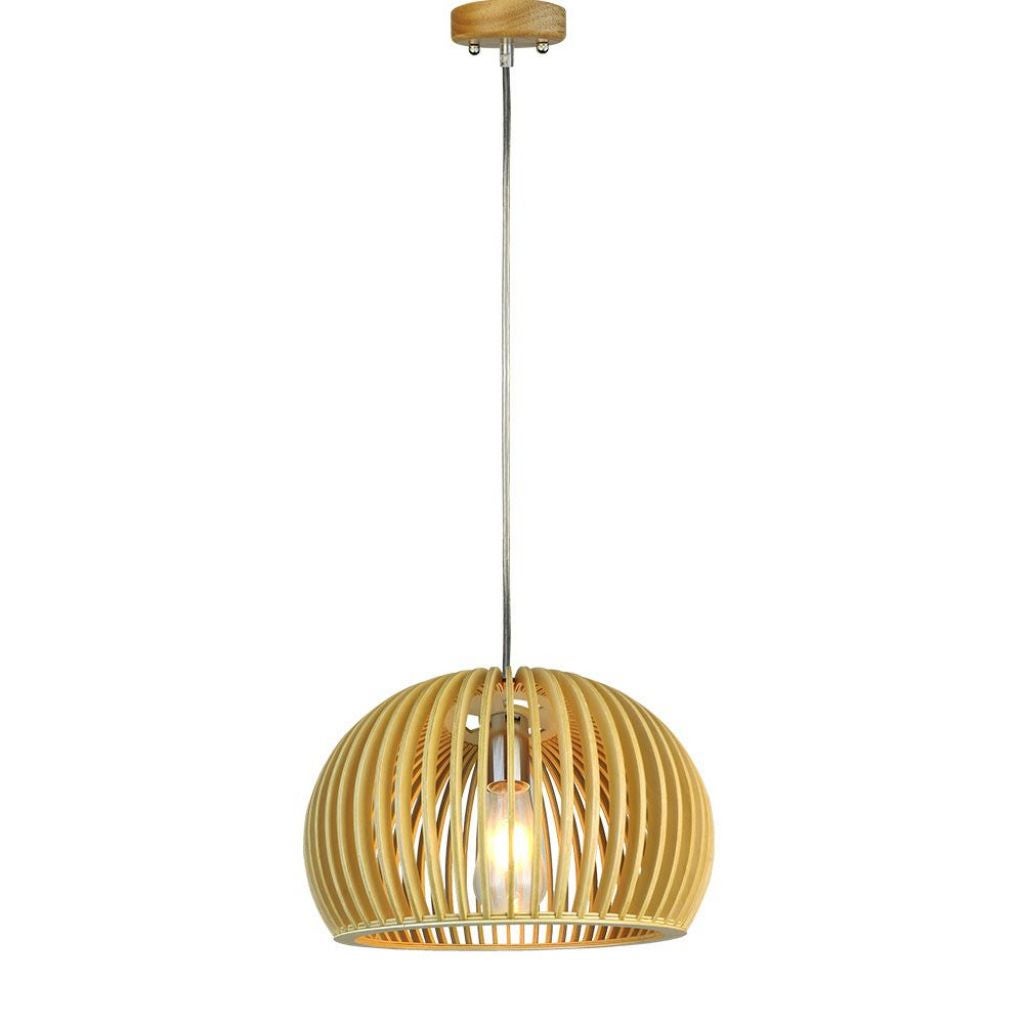 Żyrandol wiszący LED z drewna z uchwytem na żarówkę E27 (maks. 60 W) z chromowaną nasadką i okrągłym kloszem o średnicy 330*220 mm, kabel 1 m