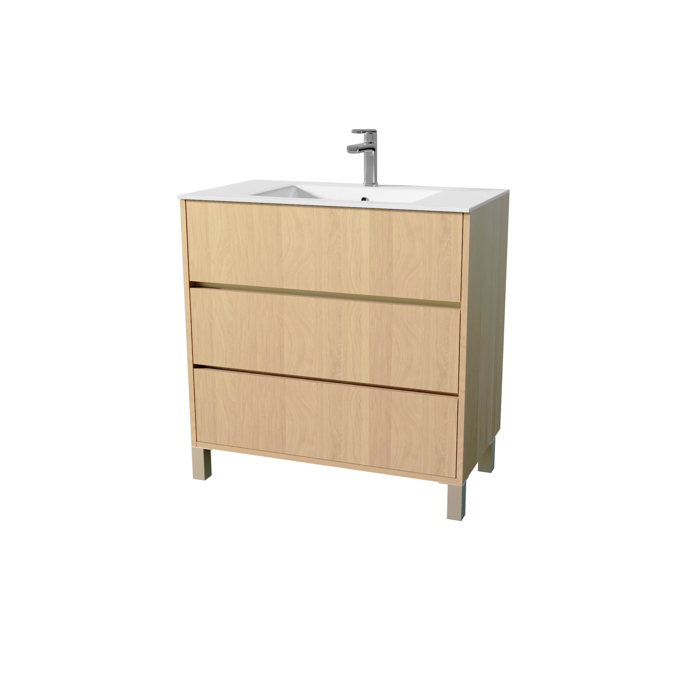 Pack Meuble Salle de Bains 80 cm Chêne Clair, 3 tiroirs avec Vasque Céramique - XENOS - 3