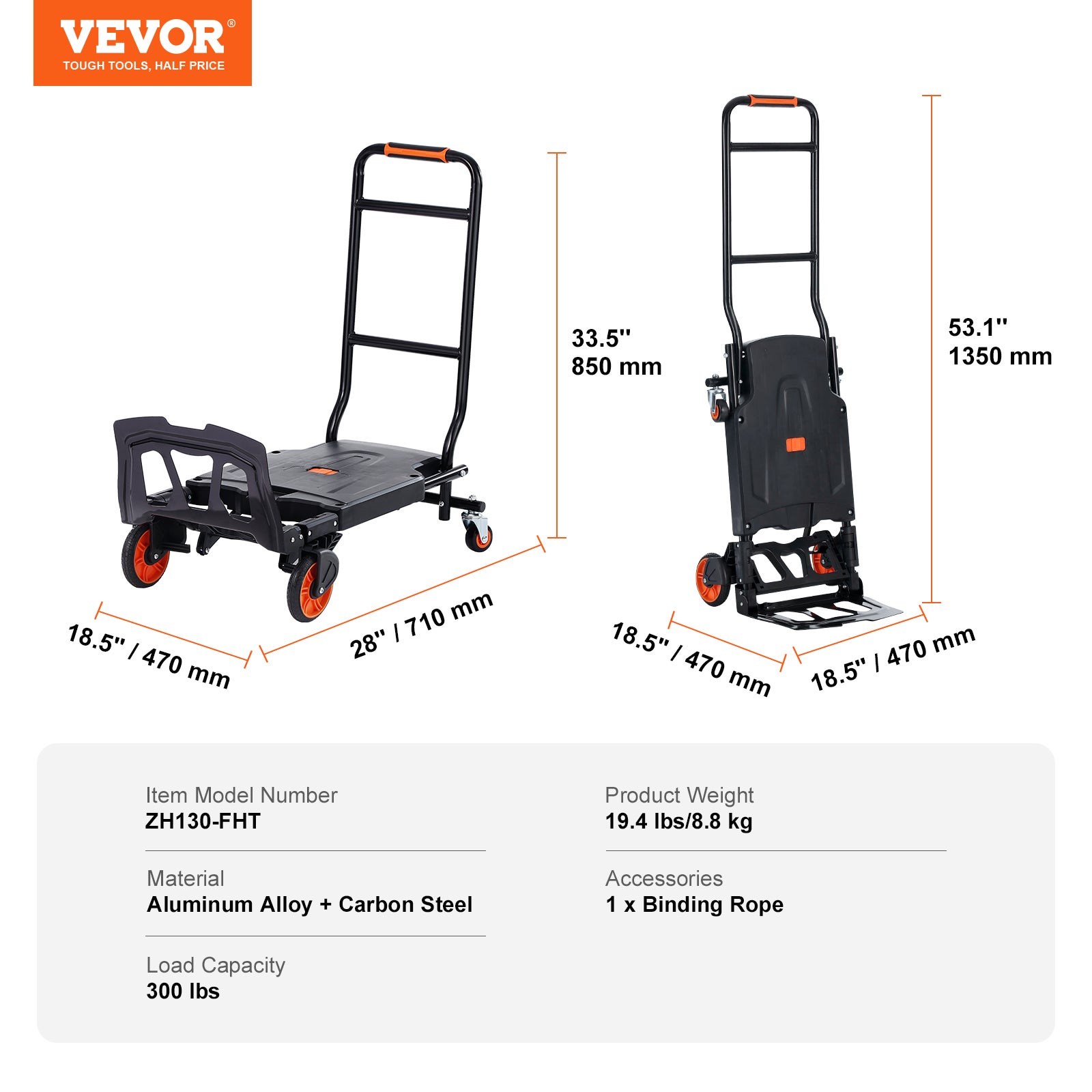 VEVOR Carrello a Mano Pieghevole in Alluminio, Carrello Portacarichi Max. 136kg, Piattaforma Ruote per Trasporto di Merci da Magazzino - 7