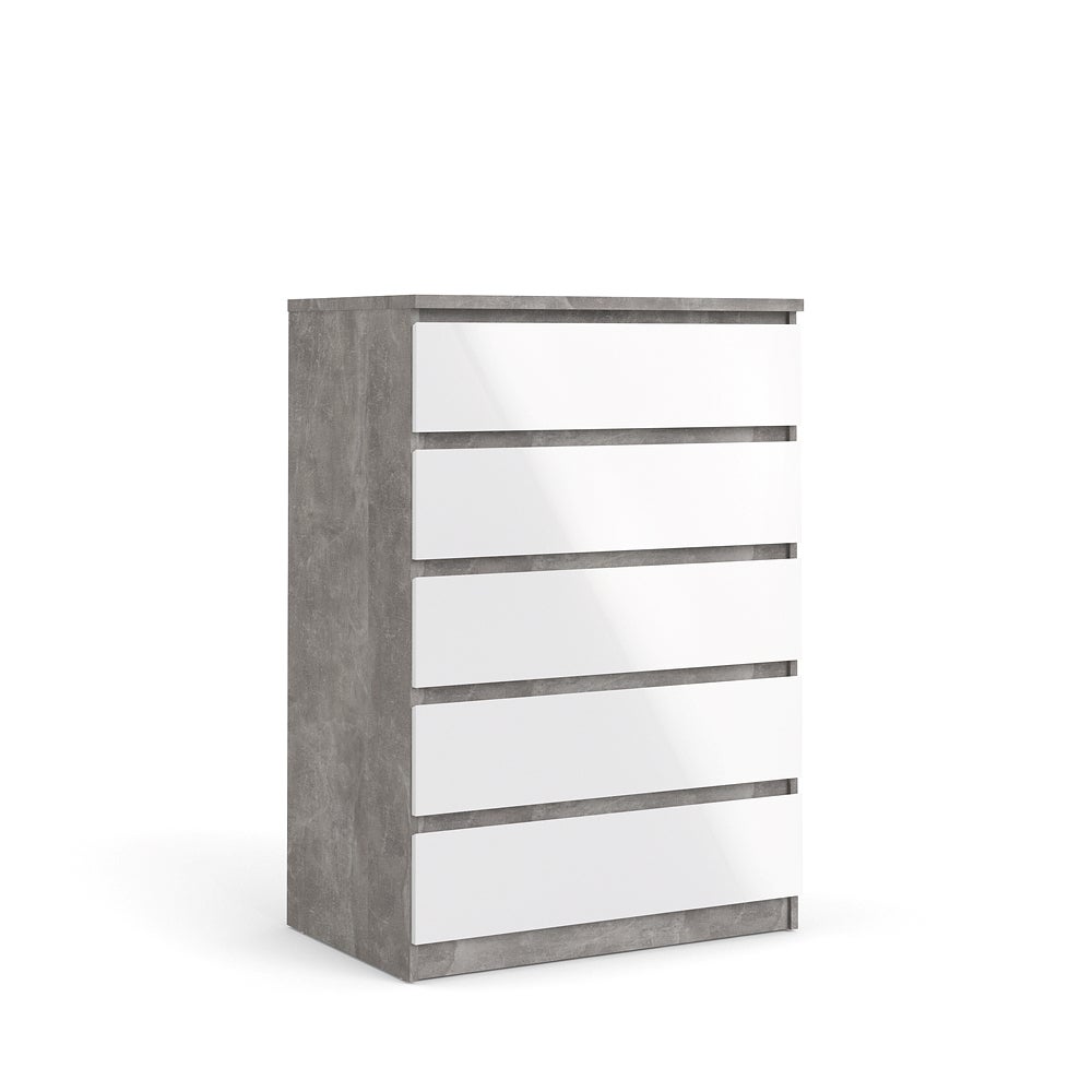 Nada komoda wysoka z 5 szufladami, dekor beton/biel wysoki połysk.