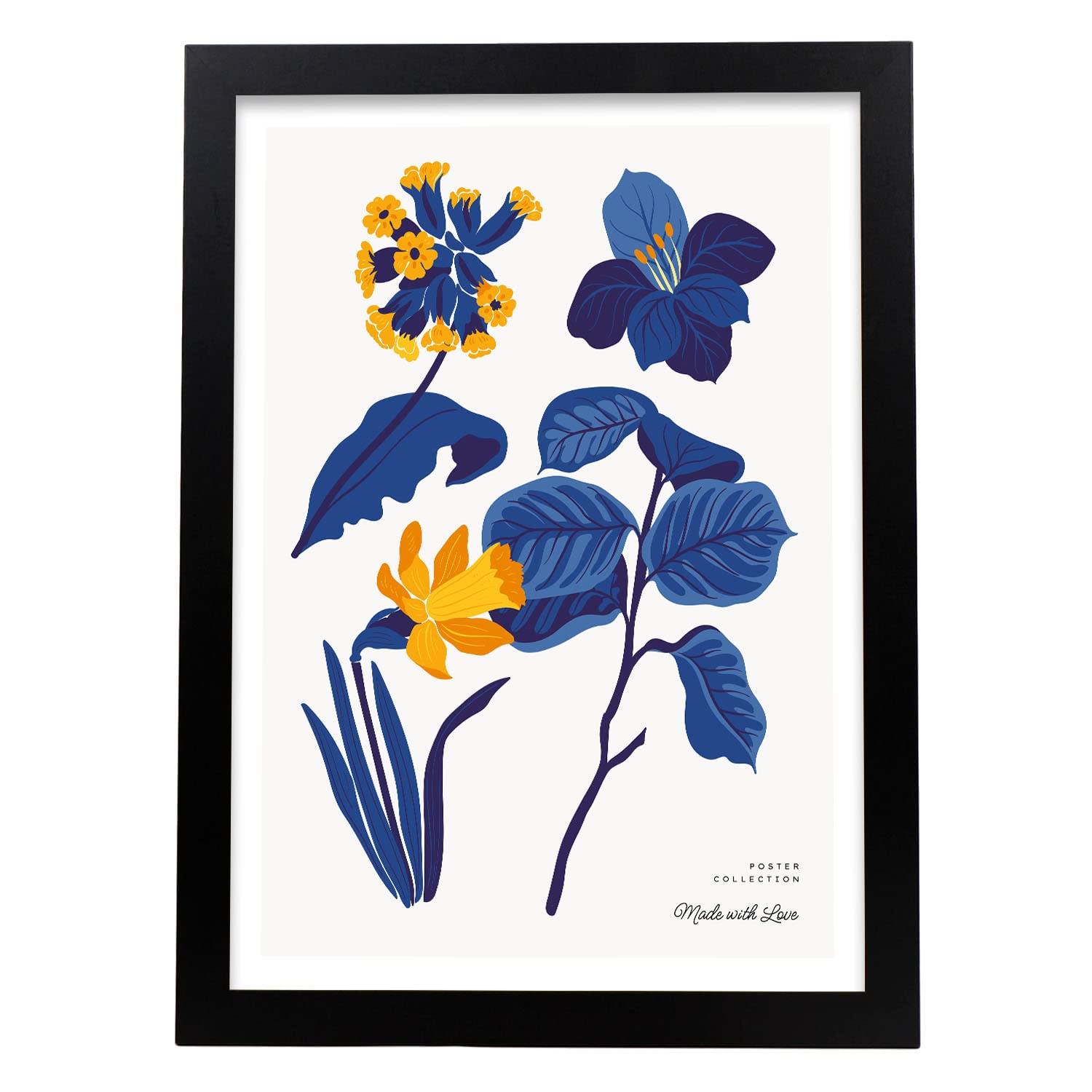 Nacnic póster pop art abstracto. flores amarillas hojas azules ilustraciones artísticas modernas para la decoración de interiores. marco negro - a3