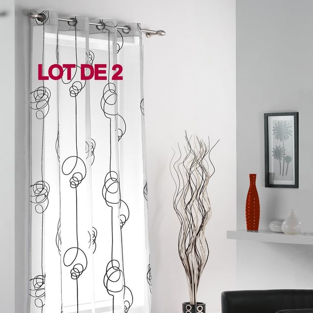 Lot de 2 voilages a oeillets 140x240 voile imprime transfert looping Blanc/Noir
