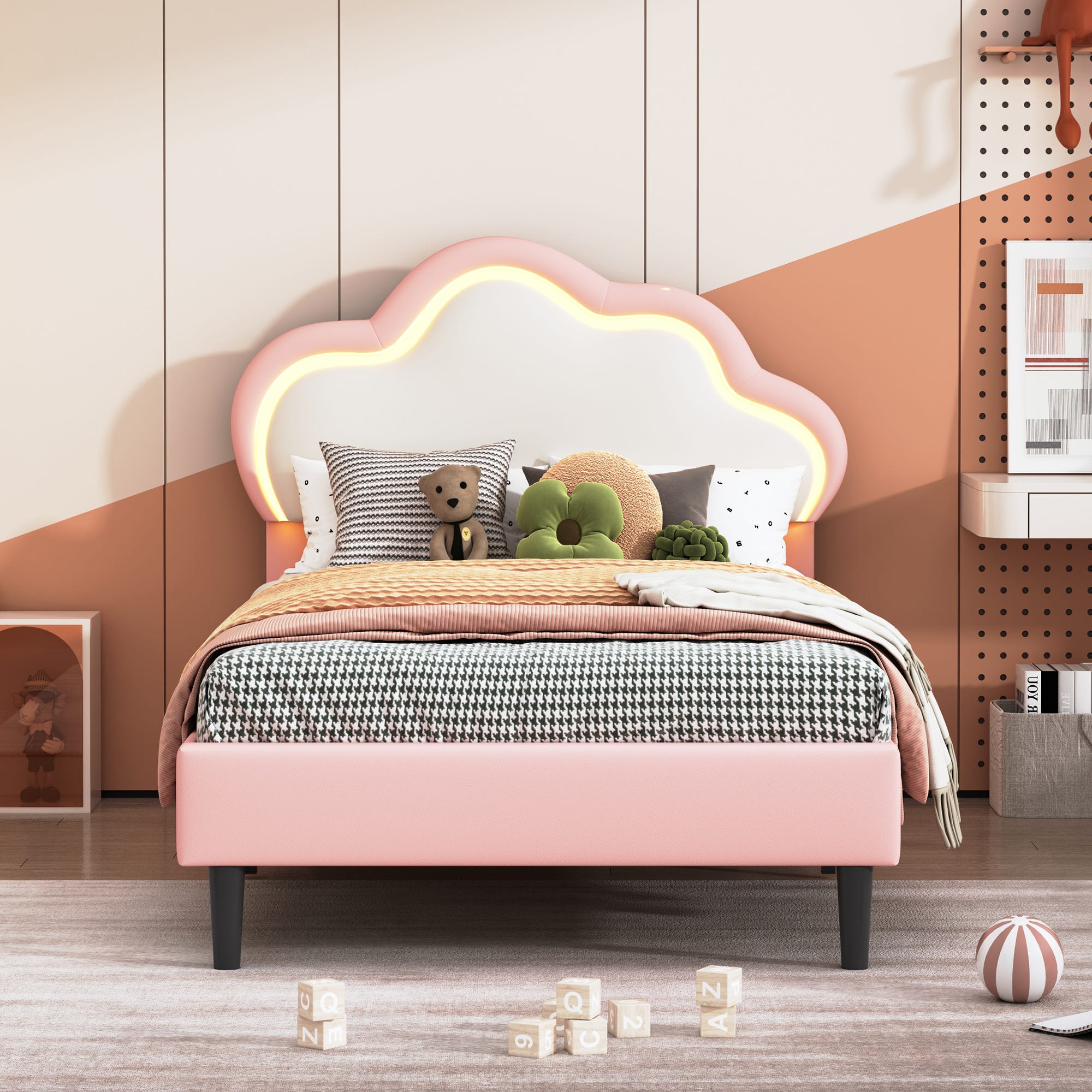 Lit double rembourré, lit pour enfant avec éclairage LED, cadre de lit en métal avec sommier à Lit double rembourré, lit pour enfant avec éclairage LED, cadre de lit en métal avec sommier à