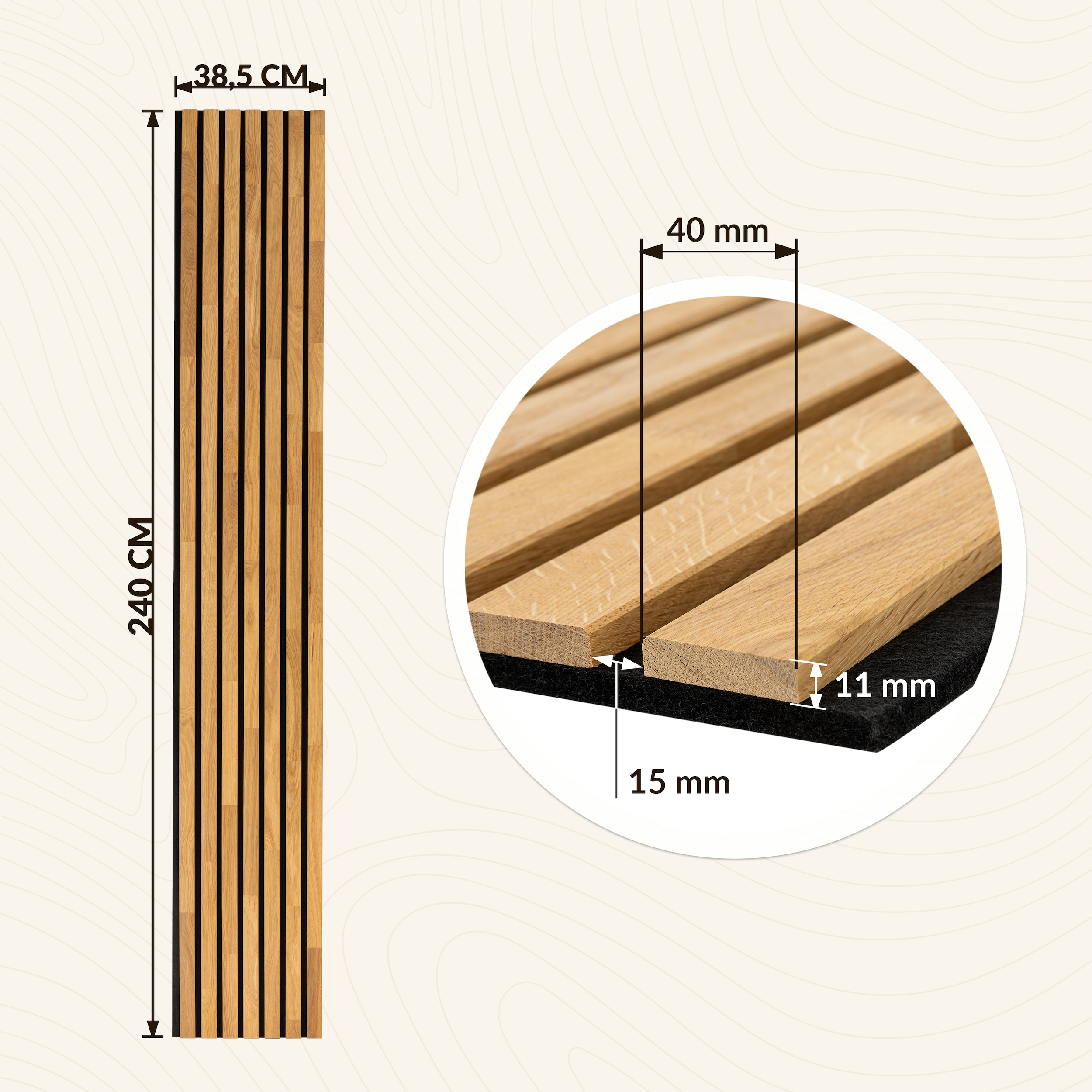 Lot de 2 Panneau Tasseau Acoustique en Bois - Chêne Naturel - 2400x385mm - Lattes 40mm, Support en Feutre Noir - 2