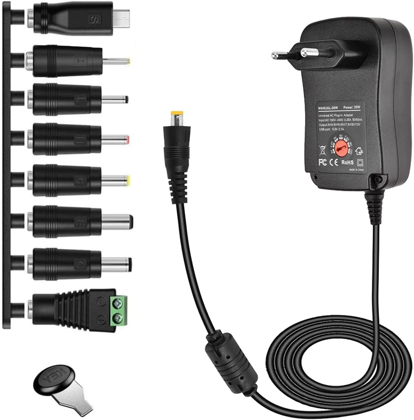 Adaptateur Secteur Universel Yasoe Avec 6 Embouts Et Port USB - Tensions Réglables 3V à 12V - Prise EU - 2A/2.5A