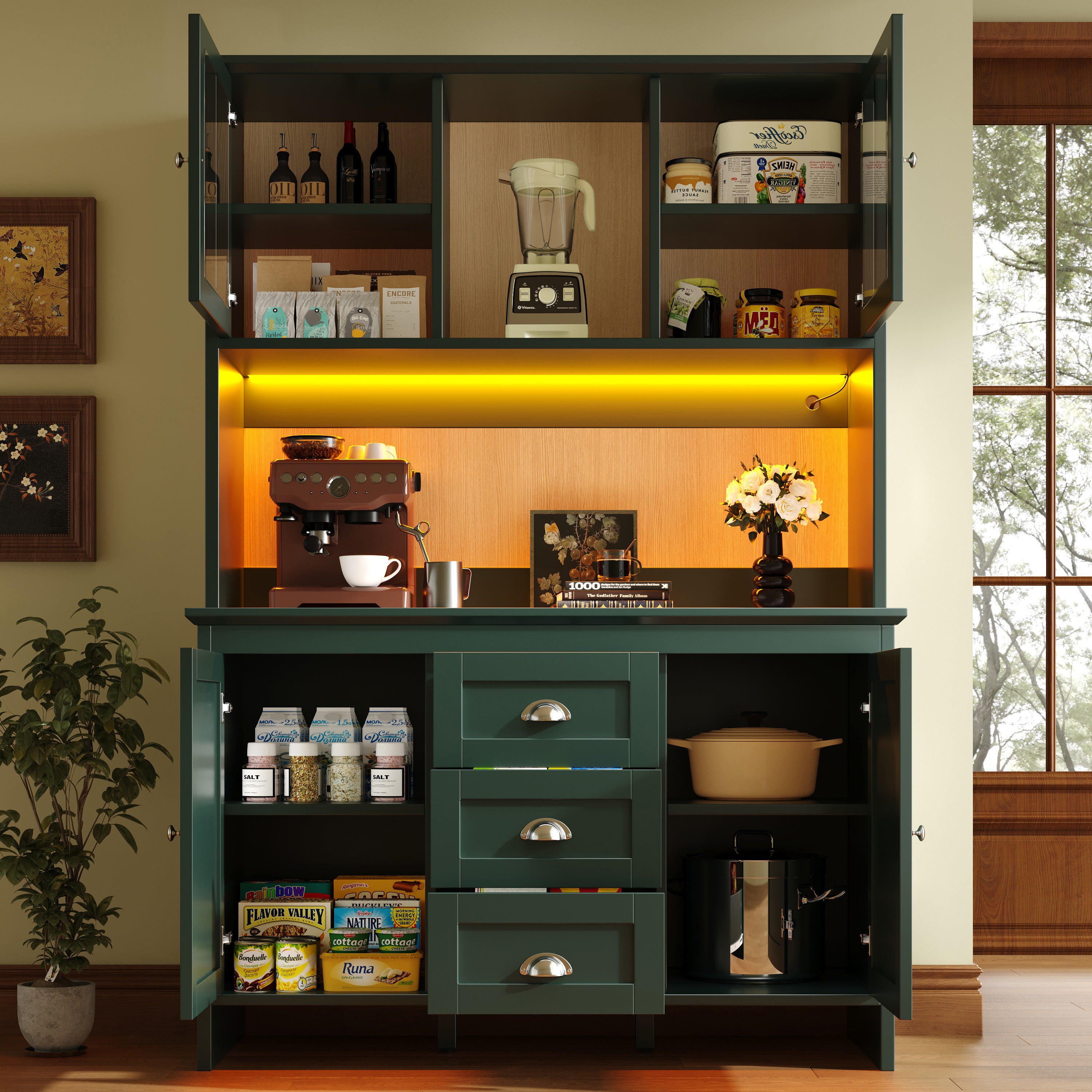 Buffet de cuisine avec 4 portes et 3 tiroirs, vitrine - 120 x 40 x 179 cm - LEDs - MDF et verre - Vert - 3