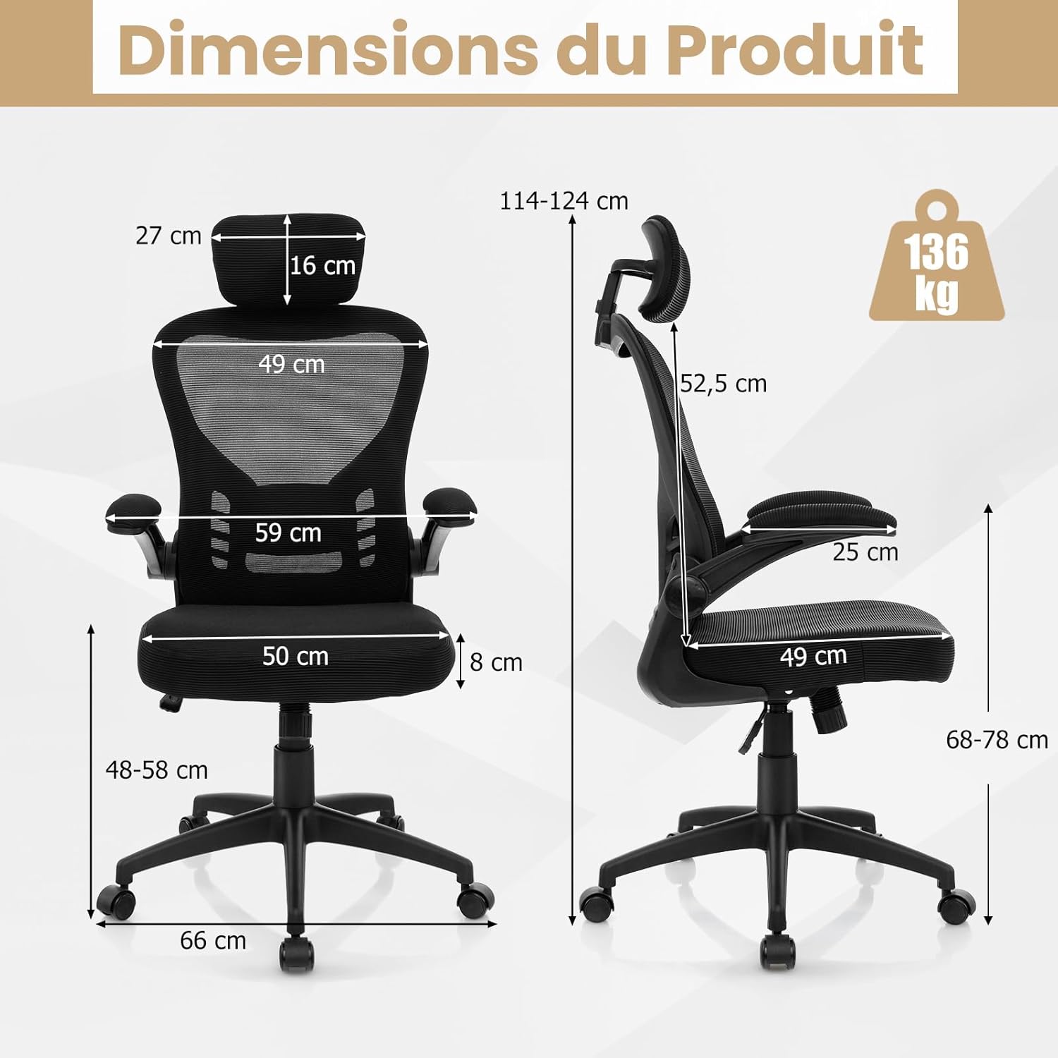 Sedia da Ufficio Ergonomica in Rete, Sedia Direzionale con Altezza Regolabile, Braccioli Ribaltabili, Poggiatesta e Supporto Lombare Regolabil | Leroy Merlin