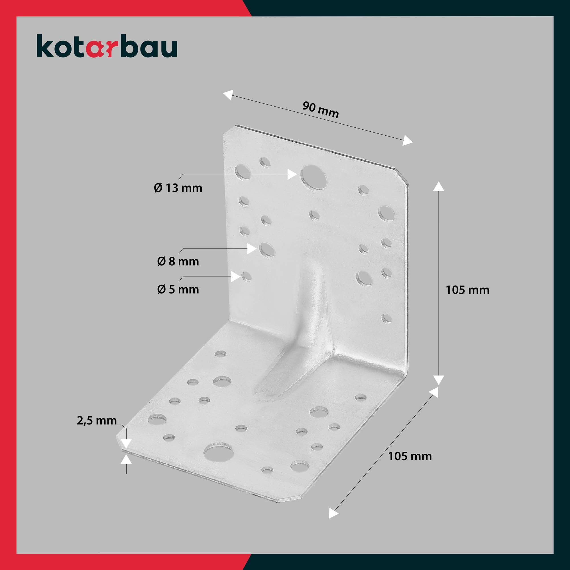 12 szt. Kątownik Ciesielski - Łącznik Budowlany - 105 x 105 x 90 MM - Stal ocynkowana - z Przetłoczeniem - Nierdzewny KOTARBAU - 3