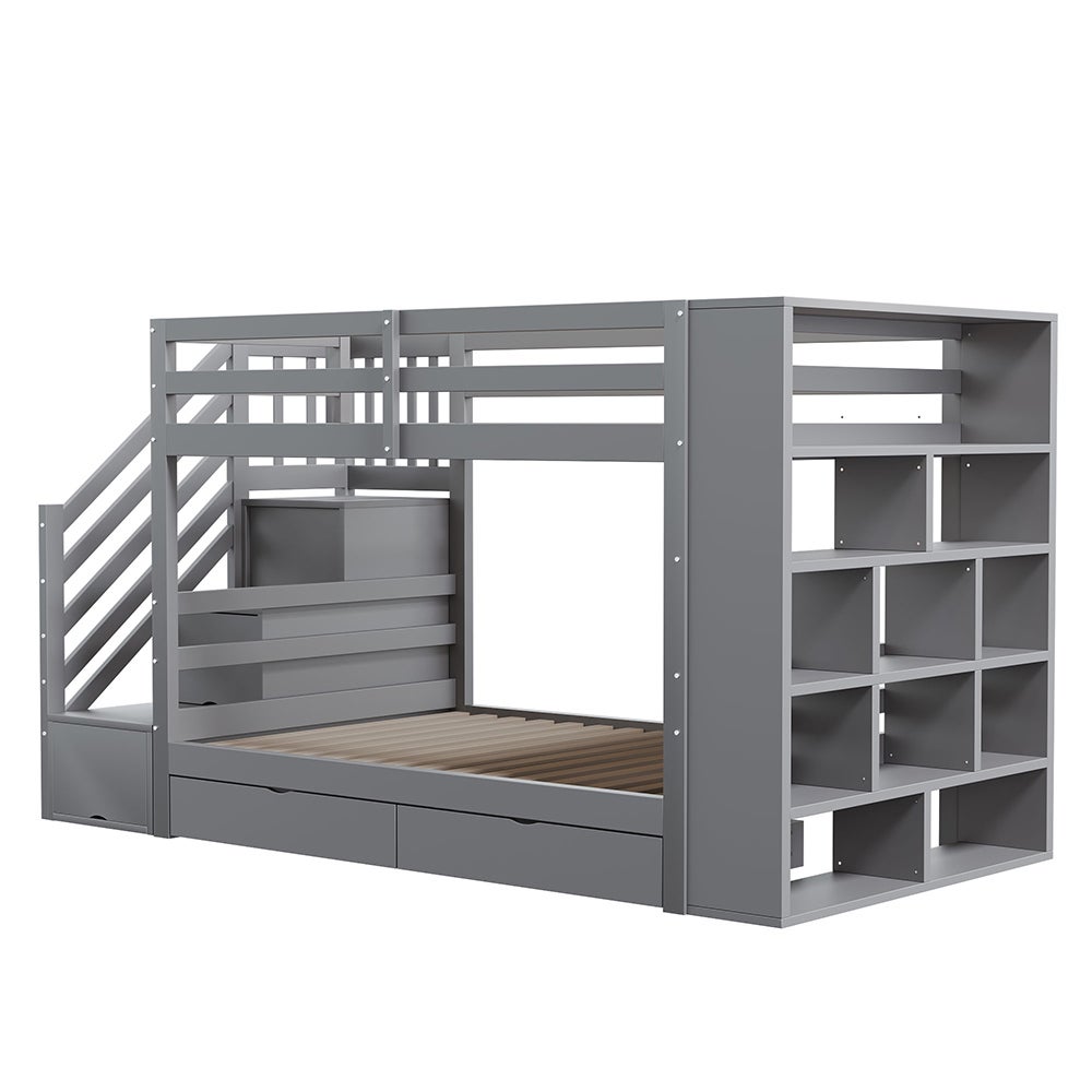 Lit superposé enfant 90x200 cm avec 2 tiroirs - Escalier de rangement - Étagères ouvertes - Barrière haute - Sommier à lattes - Gris - 7