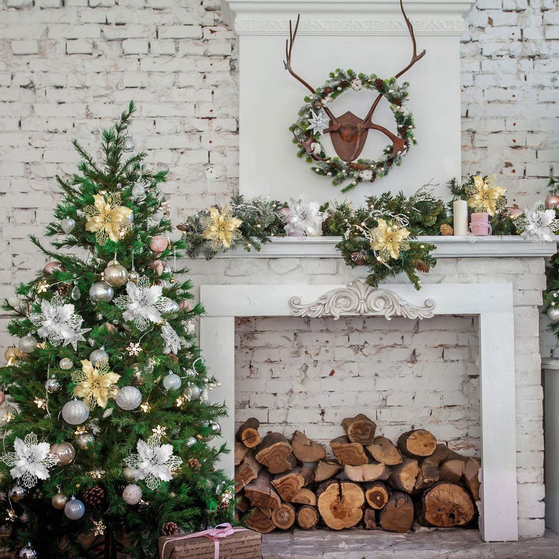 10 pezzi di decorazioni natalizie, fiori artificiali natalizi con clip, decorazioni scintillanti per l'albero di Natale, pendenti natalizi - 3