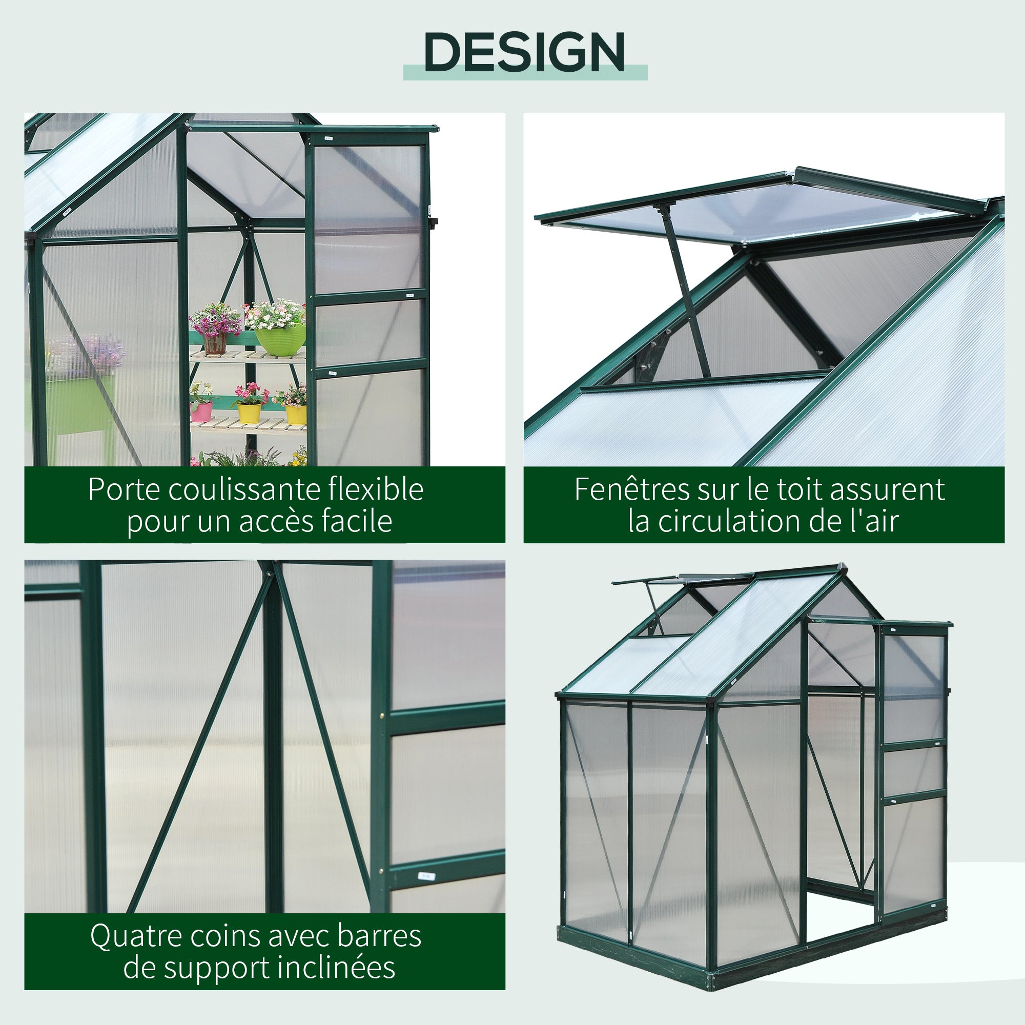 Serre fixe polycarbonate Outsunny 2,51 m² vert foncé - 4